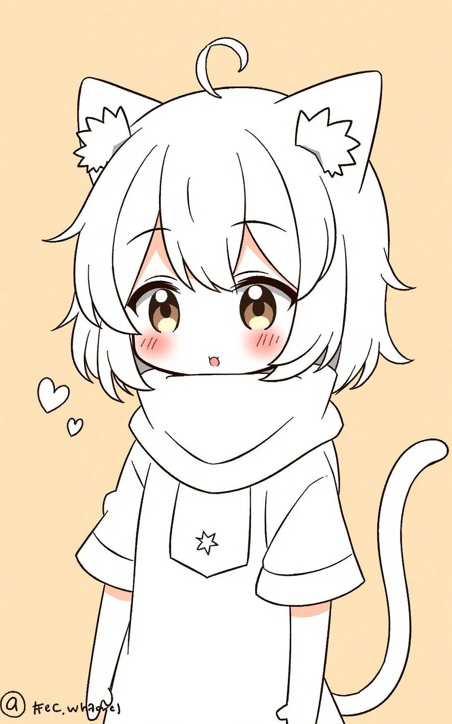 Hand-drawn comics,Hand-drawn comics,black and white line-patterned ( solo, sfw, brown eyes, 1girl, heart, animal ears, muffler, short hair, upper body, animal ear fluff, looking at viewer, original, animal ear fluff, blushing, short sleeves, eyebrows visible through hair, cat ears, closed mouth, simple background, bangs, monochrome, cat girl, sweater, scarf, brown background, white hair, cat tail, tail, :o, pov eye contact ),