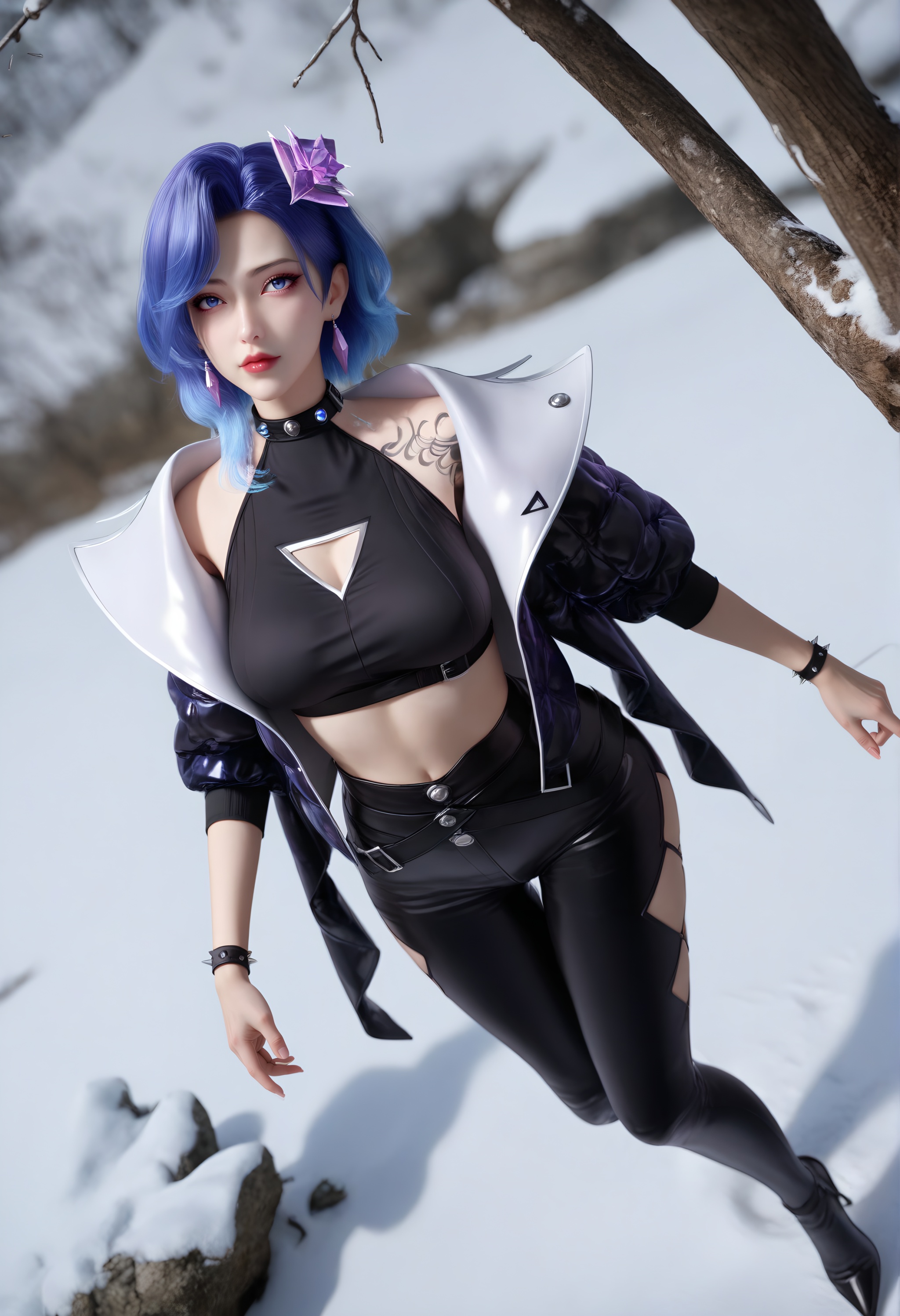 (score_9),<lora:想入菲菲-apony:0.83>,xrff,solo,1girl,blue hair,hair ornament,jewelry,earrings,<lora:Expressive_H-000001:0.832>,light blush,blue eyes,looking at viewer,front view,belt collar,gem,shoulder tattoo,open jacket,crop top,black_crop top,clothing cutout,cleavage cutout,spiked bracelet,belt,tight pants,black_tight pants,high heels, spoken heart,dutch angle,dynamic_angle,(mature_female:1.2),collarbone,pointy breasts,puffy breasts,(large teardrop breasts),<lora:e肤色滑块:0.5>,fair_skin,(pale_skin),(white_skin),<lora:e色温:0.35>,light skin,ultra-detailed skin texture,detailed textures,<lora:皮肤凹痕:1.2>,BREAKsimple background,in snow,Tyndall effect,available light,depth of field,tree,snowflakes,branch,twig,Tyndall effect,available light,depth of field,rock,4K ultra HD,sharp focus,high detail,natural lighting,high contrast,