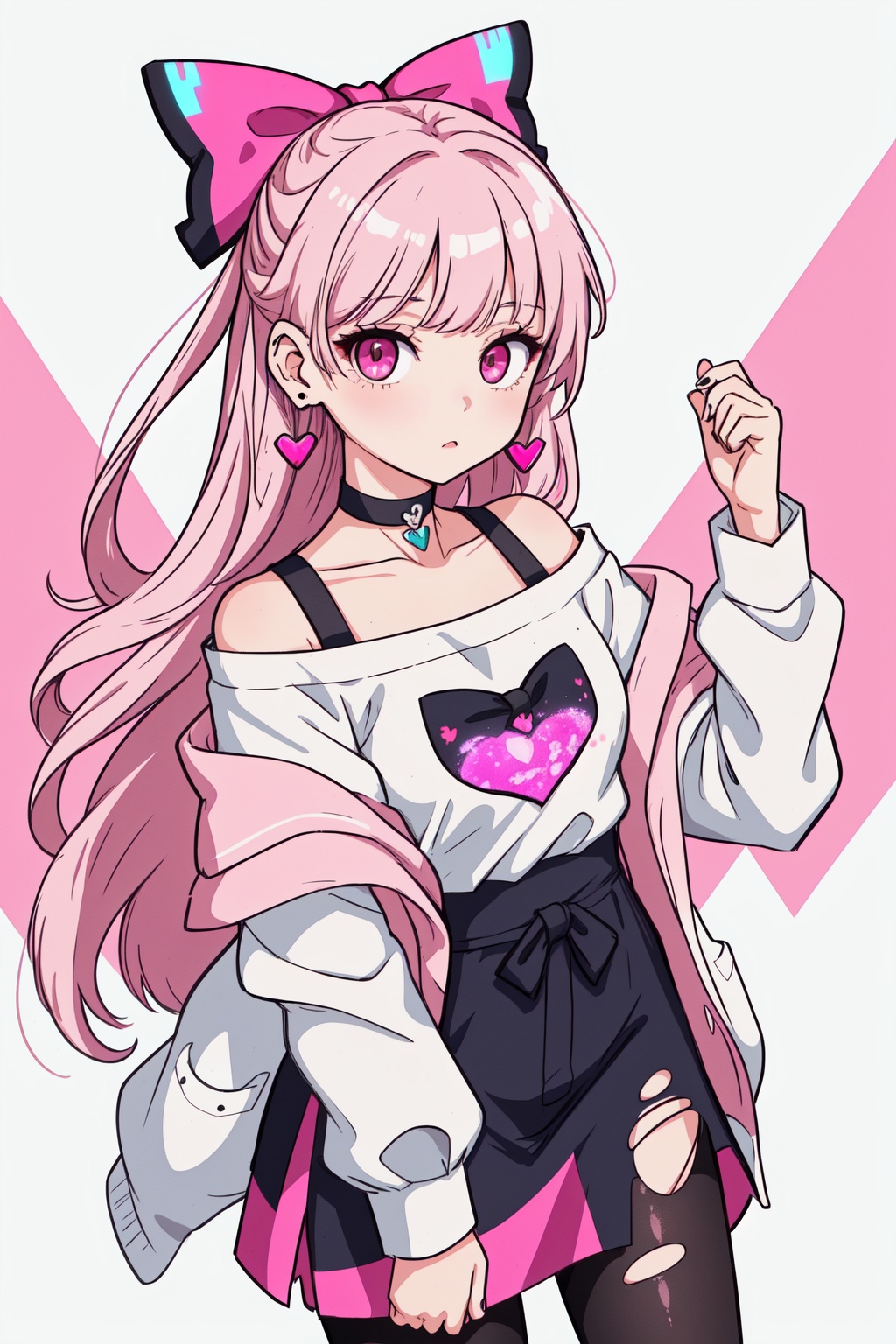 1girl, solo, earrings, jewelry, white long hair, print shirt, heart, looking at viewer, hanfu, choker, torn_pantyhose,  pink eyes, bow, bangs, pink bow, white background, off shoulder,blurry background, science fiction, neon lights, synthwave, Fisheye lens,