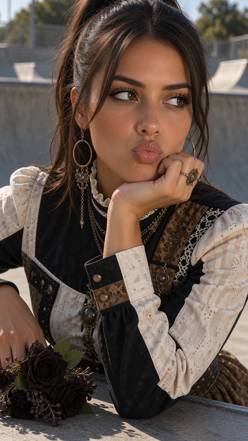 ChiaraX,  long dark brown hair tied in a high ponytail with center-parted face-framing strands,  Setting: fisheye skatepar...