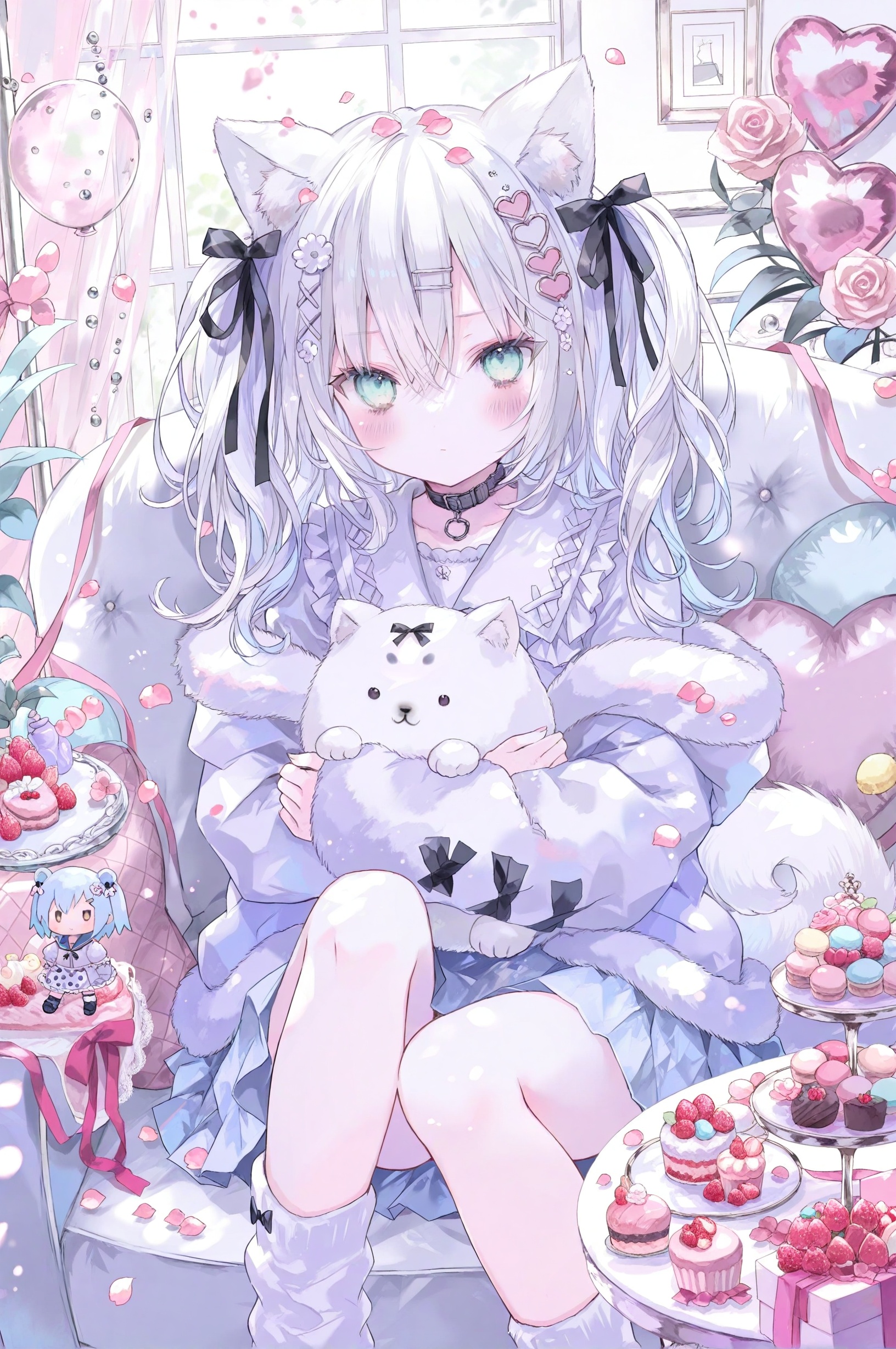 best, 1girl, animal ears, macaron, food, blue eyes, balloon, hair ornament, dog ears, socks, stuffed toy, flower, looking at viewer, white hair, indoors, window, sitting, solo, skirt, dog, white socks, cake, collar, dog tail, heart balloon, long hair, dog girl, hair bow, stuffed animal, ribbon, bow, tail, rose, cupcake, blush, black bow, choker, pink flower, heart, heart hair ornament, twintails, white skirt, closed mouth, hair ribbon, hair between eyes, two side up, curtains, pleated skirt, animal ear fluff, shirt, frilled sailor collar, long sleeves, tiered tray, character doll, jacket, pink ribbon, purple socks, heart-shaped pillow, sailor collar, pink rose, picture frame, frills, hairclip, holding, animal collar, black choker, hugging object, pillow, table, holding stuffed toy, animal, crossed bangs, couch, hug, dessert, knees up, white shirt, gift, strawberry, x hair ornament, teddy bear, sweets, candy, hair flower, plant, dress, blue skirt, fruit, drawing (object), ice cream, loose socks, black collar, purple theme, wolf ears, cardigan, cushion, purple skirt, feet out of frame, grey hair, cake slice, on couch, hairpin, white theme, fur trim, purple shirt, aqua eyes, black ribbon, thighs, sidelocks, potted plant, blue hair, pastel colors, pastry, miniskirt, doll, animal hug, white dress, virtual youtuber, chair, petals,<lora:lp29New.up2.1-000030:0.9>,