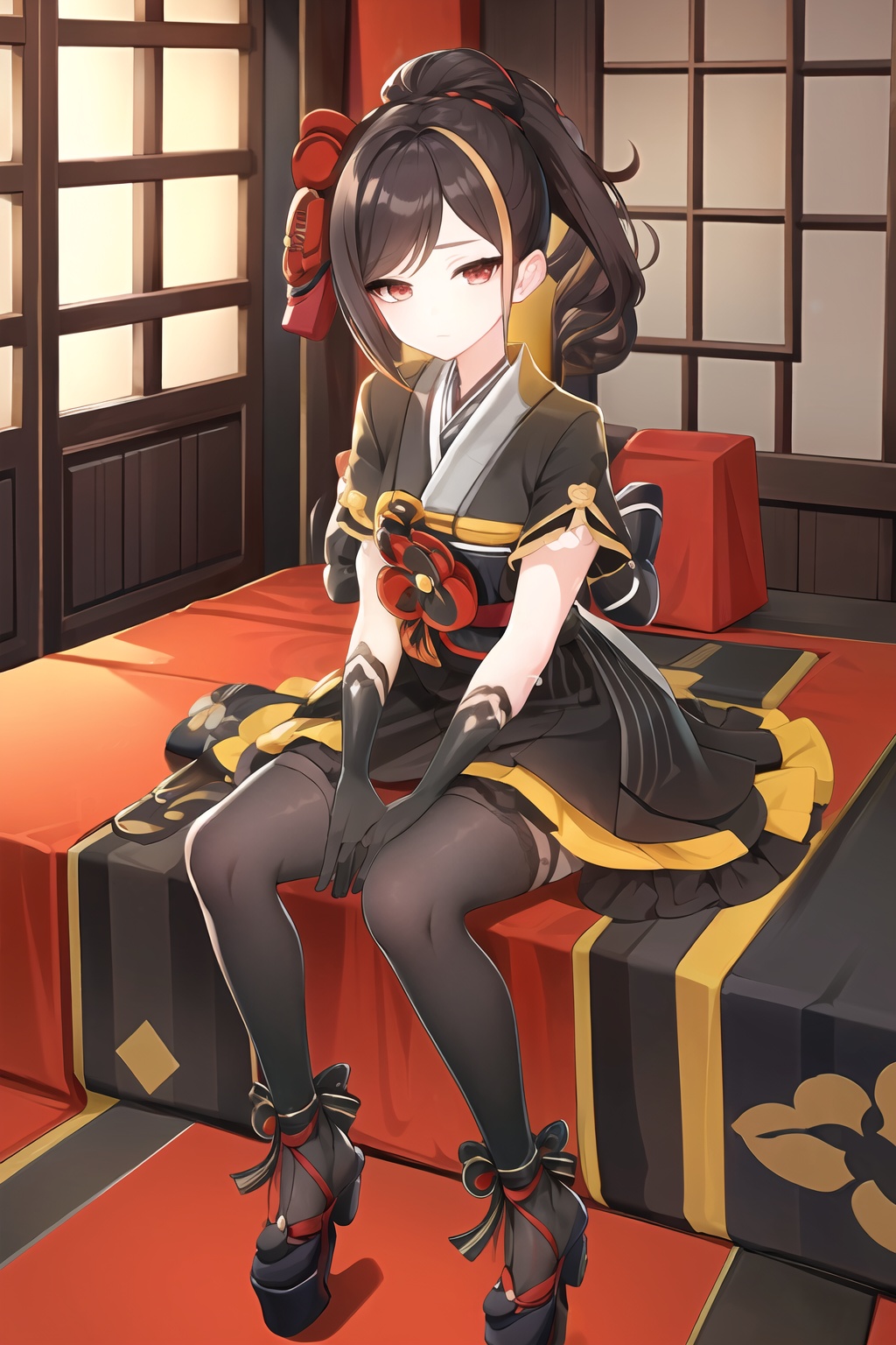 insanely detailed,absurdres,ultra-highres,ultra-detailed,best quality,slender,kawaii,perfect symmetrical face,ultra cute girl,ultra cute face,ultra detailed eyes,ultra detailed hair,ultra cute,ultra beautifu,Chiori,solo,1girl,red eyes,short sleeves,neck ribbon,overlapping collar,japanese clothes,kimono skirt,black gloves,elbow gloves,black pantyhose,black footwear,sitting on object,indoor,<lora:qianzhi_2-000005:0.9>,