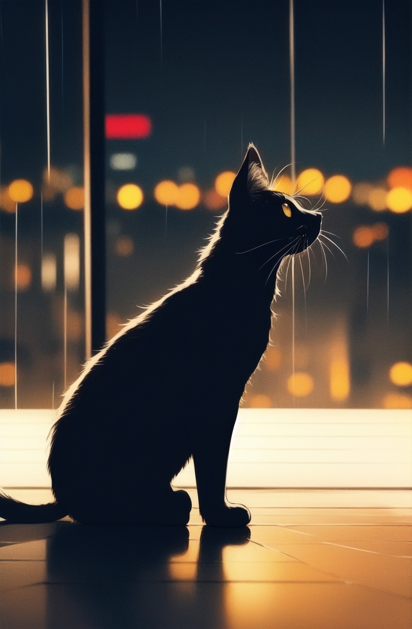 ultra highres,masterpiece,best quality,rain,sitting,black cat,solo,window,night,city lights,from side,blurry background,water drop on glass window,no humans,