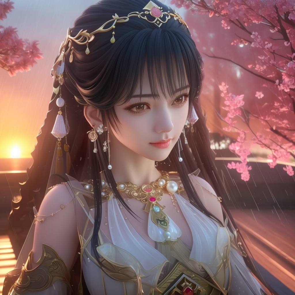 <lora:713-DA-百炼成神-白月蓉:0.8>(,1girl, ,best quality, ),looking at viewer,  ,,ultra detailed 8k cg, ultra detailed background ,ultra realistic 8k cg,          cinematic lighting, cinematic bloom, (( , )),,  , unreal, science fiction,  luxury, jewelry, diamond, pearl, gem, sapphire, ruby, emerald, intricate detail, delicate pattern, charming, alluring, seductive, erotic, enchanting, hair ornament, necklace, earrings, bracelet, armlet,halo,masterpiece, (( , )),, realistic,science fiction,mole,   ,cherry blossoms,,(((Best quality, masterpiece, ultra high res, (photorealistic:1.4), raw photo, 1girl, ,rain, , sunlight, sunset, qianqiu wanxia,     )))  (cleavage), (),