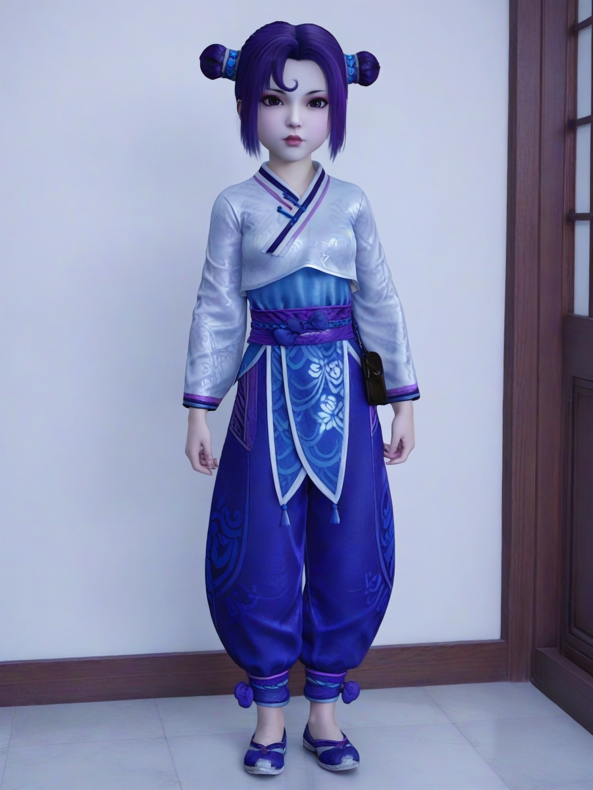 score_9,1girl,solo,dress,standing,baggy pants,bangs,chinese clothes,double bun,short hair,purple hair,large breasts,blue pants,child, standing,lipstick,looking at viewer,<lora:SF_XiaLu_Pony_Realism2.3-000004:0.7>,