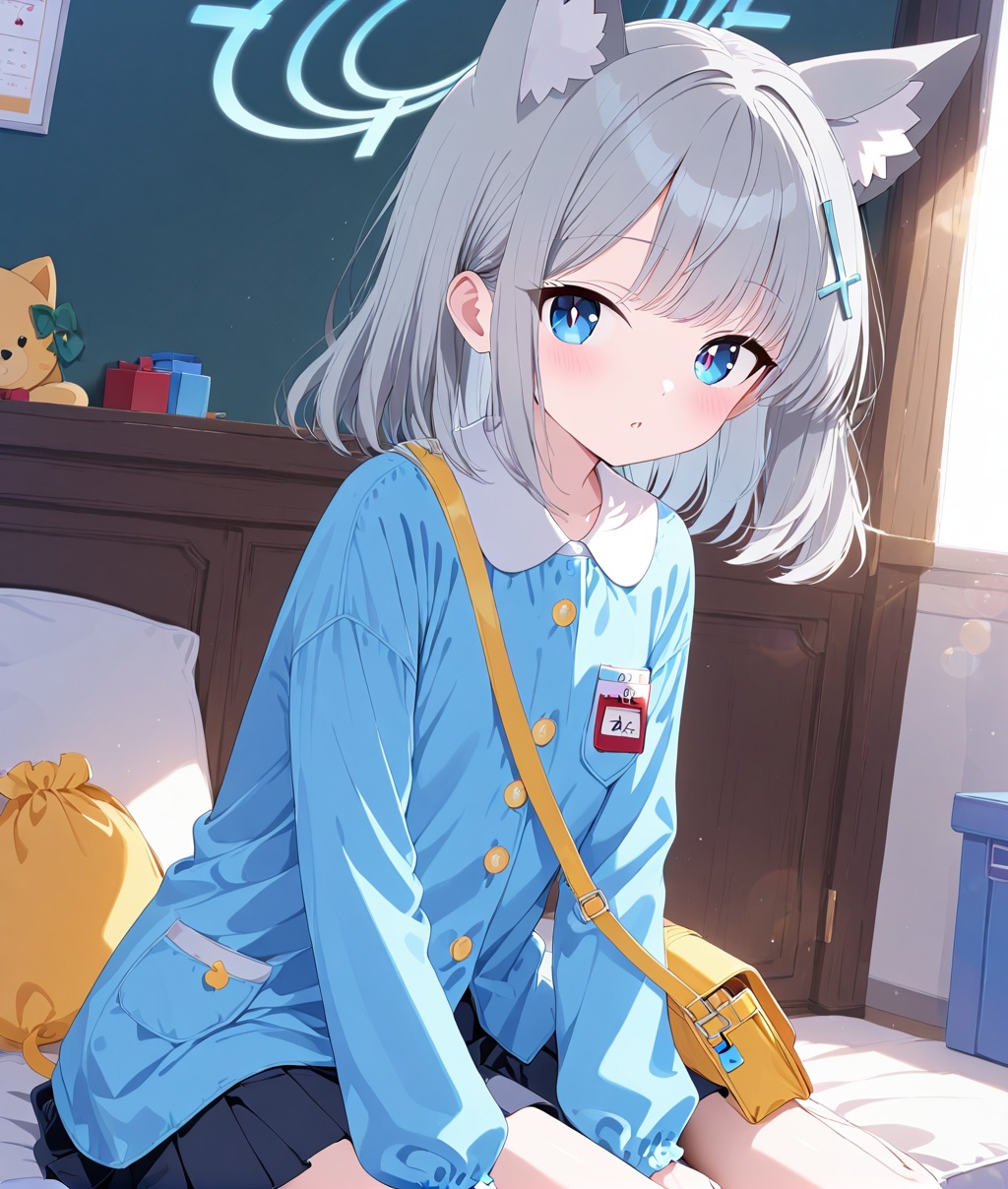 O,1girl, solo, animal ears, shiroko (blue archive), skirt, animal ear fluff, blue eyes, bag, looking at viewer, hair ornament, kindergarten uniform, extra ears, grey hair, sitting, long sleeves, shirt, halo, pleated skirt, blue shirt, bangs, blush, shoulder bag, mismatched pupils, medium hair, blue skirt, name tag, cross hair ornament, cat ears, black skirt, collared shirt, parted lips, indoors