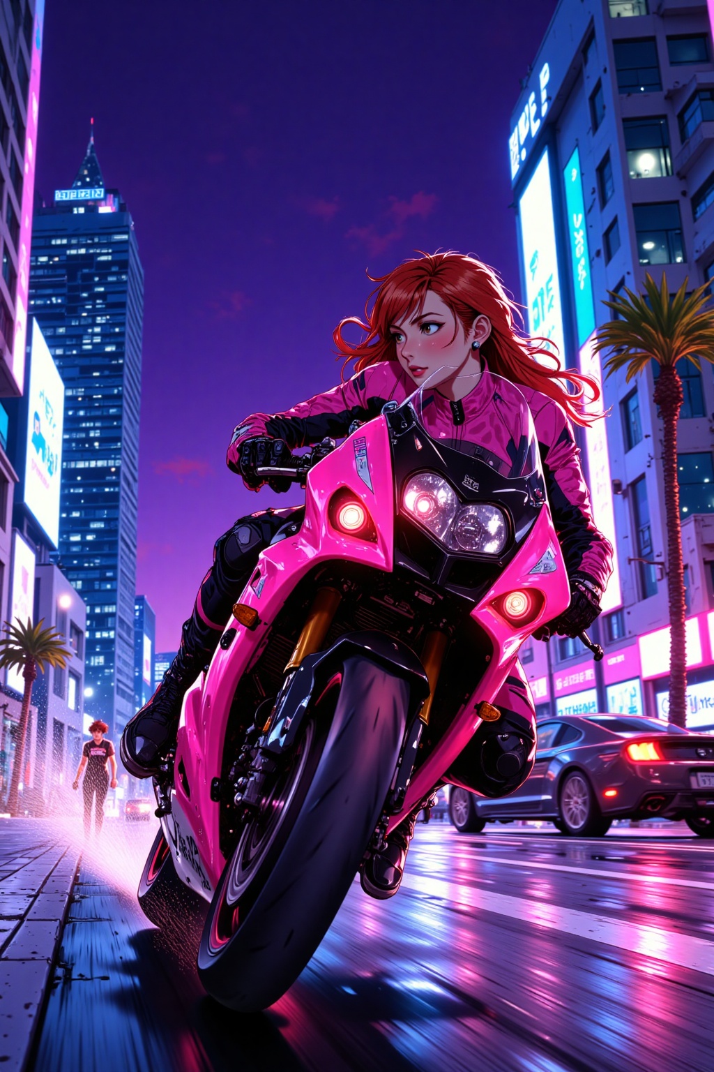 High-quality semi-realistic anime illustration with ultra-detailed rendering,smooth blended shading,fully realistic background. A young woman leans forward in a streamlined,aerodynamic posture as she speeds through the neon-lit streets of Miami on a sleek sport motorcycle at night. The rush of wind presses against her,strands of auburn hair whipping behind her as she accelerates,her focus locked on the road ahead. The deep hum of the engine and the distant pulse of music from the city blend into a hypnotic rhythm,while neon reflections streak across the wet pavement.,She wears a striking neon-pink racing suit,its sleek,form-fitting design accentuating her athletic frame. The synthetic material gleams under the city lights,black contouring lines running along the arms and legs,emphasizing speed and motion. Reinforced gloves grip the handlebars,her fingers effortlessly adjusting the throttle as she leans into a turn. Her boots,matte black with neon accents,press firmly against the footpegs,maintaining control as she maneuvers through the streets.,The background is fully realistic and cinematic,Miamiâs skyline towering in the distance,glowing against the deep violet sky. Art Deco buildings pulse with neon blues,purples,and fiery pinks,their reflections stretching across the glassy asphalt. The blurred light trails of passing cars and glowing street signs enhance the sense of motion,while palm trees stand silhouetted against the electric horizon. Billboards flicker with digital advertisements,casting shifting hues over the speeding motorcycle as she cuts through the night.,The composition captures high-speed energy,blending the **thrill of movement,neon-drenched cyberpunk aesthetics,and Miamiâs vibrant nightlife** into a seamless fusion of style,**********,and futuristic elegance.,