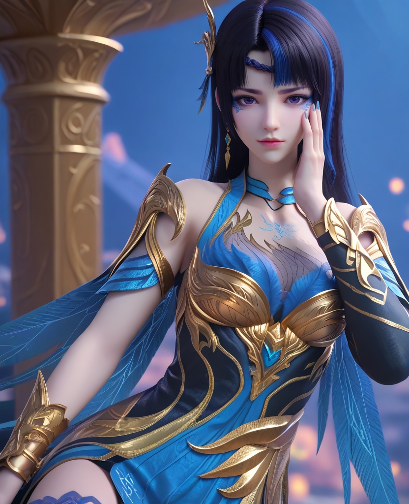 (oriental architecture, elegant decor, sophisticated style:1.1),Hands on the face, peeking through fingers,,(breasts:1.2),<lora:XL16大主宰九幽:0.95>,miss jiuyou,armor,boobplate,purple eyes,braid circlet,makeup,black hair,blue streaked hair,long hair,hair ornament,sternum tattoo,rerebrace,left hand single glove with blue,blue wings cape,blue lower leg decoration, blue overskirt, zPDXL2, score_9, score_8_up, score_7_up BREAK realistic, masterpiece,best quality, highly detailed,, zPDXL3, zPDXL2,zPDXL, zPDXLxxx, zPDXLrl,