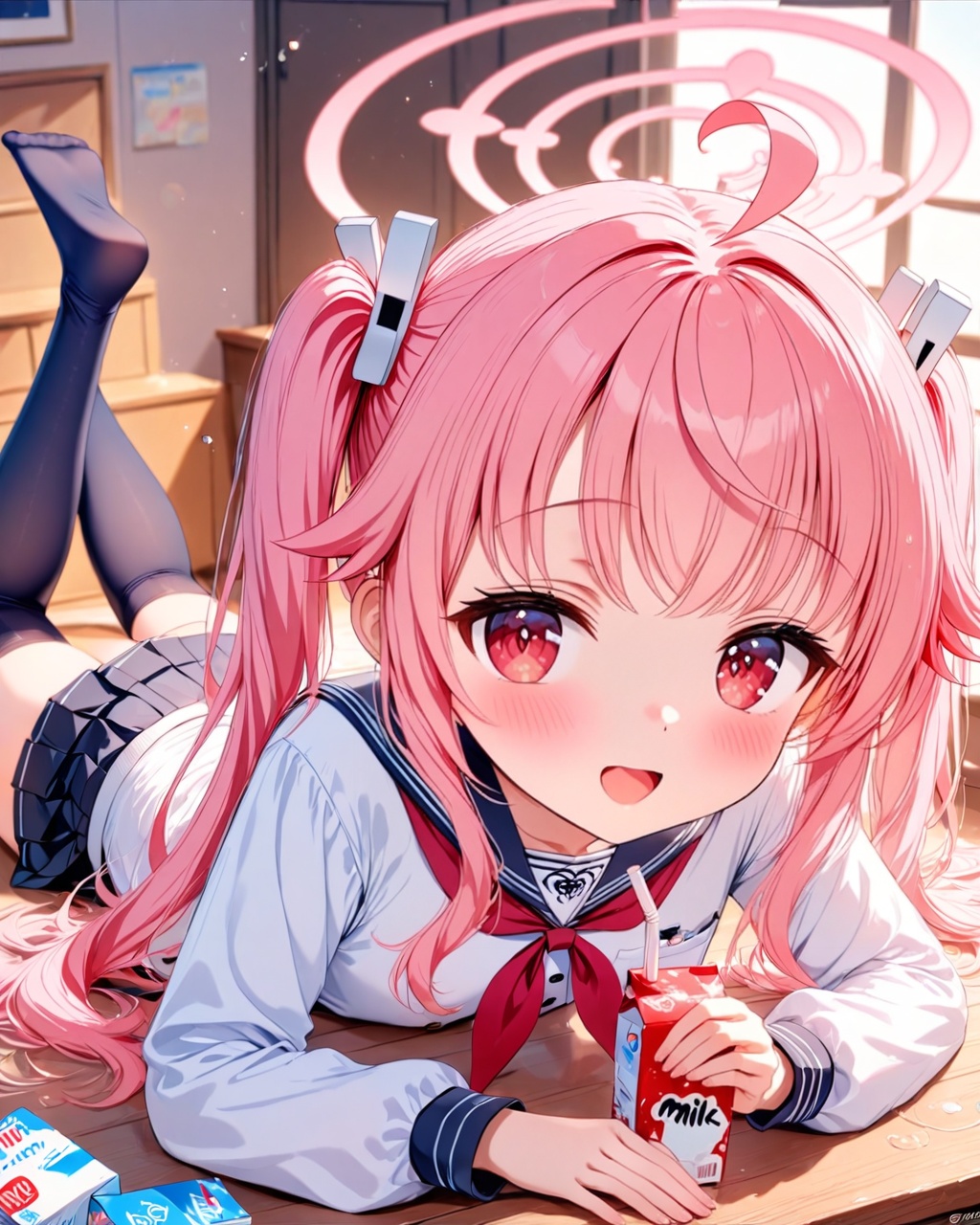 O,Five fingers,natsu (blue_archive),1girl, solo, pink hair, on stomach, halo, thighhighs, lying, ahoge, juice box, milk carton, red eyes, looking at viewer, black thighhighs, skirt, long hair, school uniform, twintails, blush, neckerchief, hair ornament, sailor collar, smile, red neckerchief, long sleeves, open mouth, the pose, serafuku, window, indoors, no shoes, drinking straw, pleated skirt, feet up, bangs,(UHD),anatomically correct,accurate,textured skin,super detail,high details,award winning,best quality,high quality,retina,HD,16k,1080P,