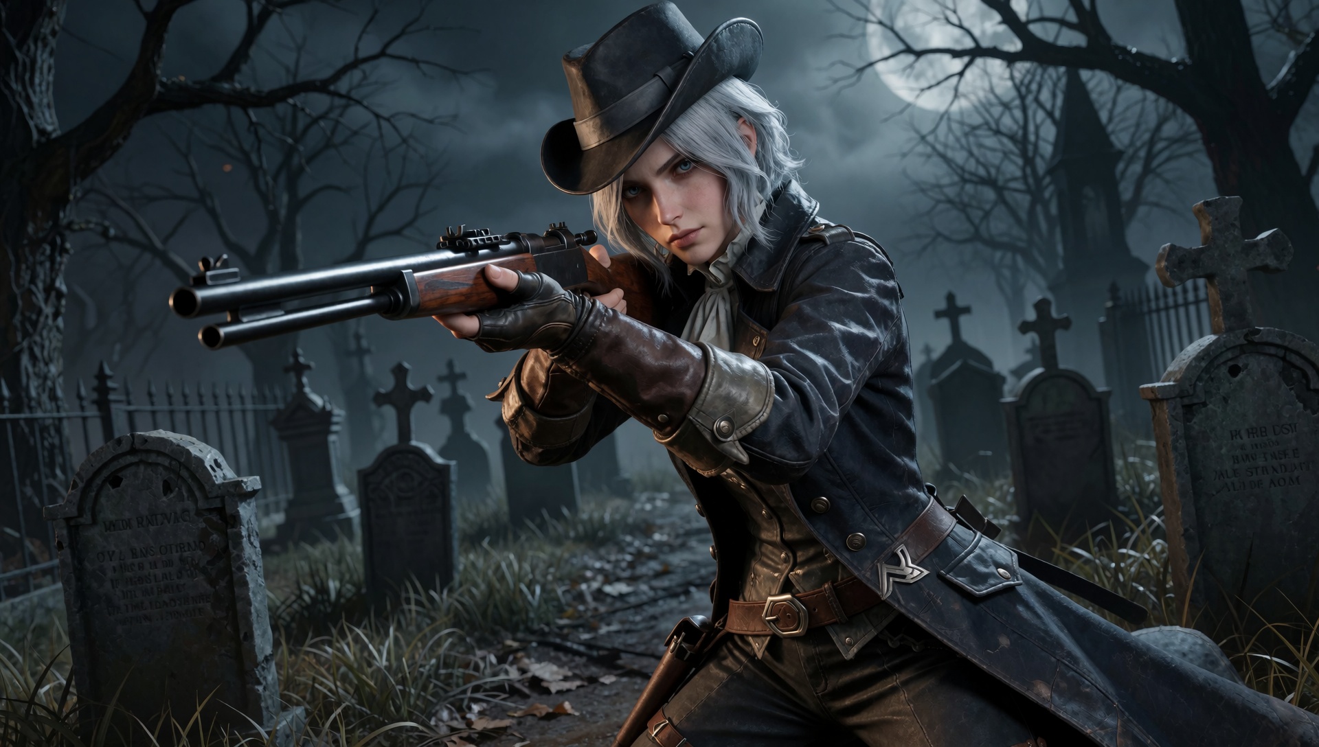 photorealistic image of Lady Marta as a sharpshooter,  silver hair under her hat,  in a dynamic rifle stance on Tensor.Art