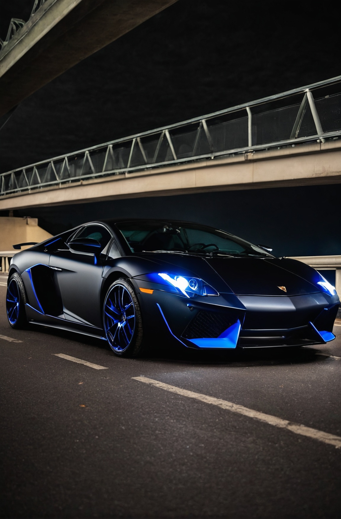 Lamborghini matte black blue head lights on a bridge,  car photography on Tensor.Art
