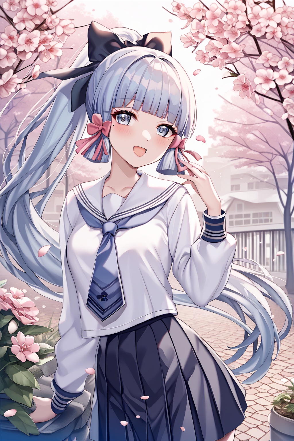 score_9,score_8_up,score_7_up,score_6_up,score_5_up,score_4_up,source_anime,source_cartoon,<lora:kamisato ayakaTponyXL-000008:1>,kamisato ayaka \(heytea\) \(genshin impact\),kamisato ayaka,1girl,solo,school uniform,skirt,grey eyes,cherry blossoms,long hair,sailor collar,ponytail,white serafuku,shirt,pleated skirt,looking at viewer,smile,long sleeves,bow,white shirt,blunt tresses,white sailor collar,falling petals,hair bow,ribbon,blunt bangs,open mouth,hair ribbon,blue neckerchief,blue necktie,blush,mole under eye,official alternate costume,petals,mole,neckerchief,necktie,hand up,sidelocks,flower,outdoors,black bow,outdoors,