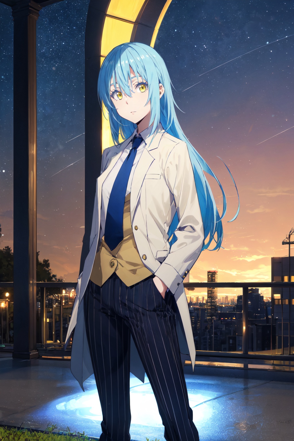 1other,looking at viewer,solo,androgynous,blue hair,long hair,hair between eyes,bangs,yellow eyes,standing,navy pinstripe suit, pale yellow dress shirt, solid navy tie, black cap-toe shoes,<lora:Rimuru:0.8>,Rimuru_CYQL,bust,beautiful face,beautiful eyes,glossy skin,shiny skin,Outdoor concert in city park, Music, Performance, Entertainment, Picnics,beautiful detailed sky,beautiful detailed glow,posing in front of a colorful and dynamic background,masterpiece,best quality,beautiful and aesthetic,contrapposto,female focus,wallpaper,fashion,