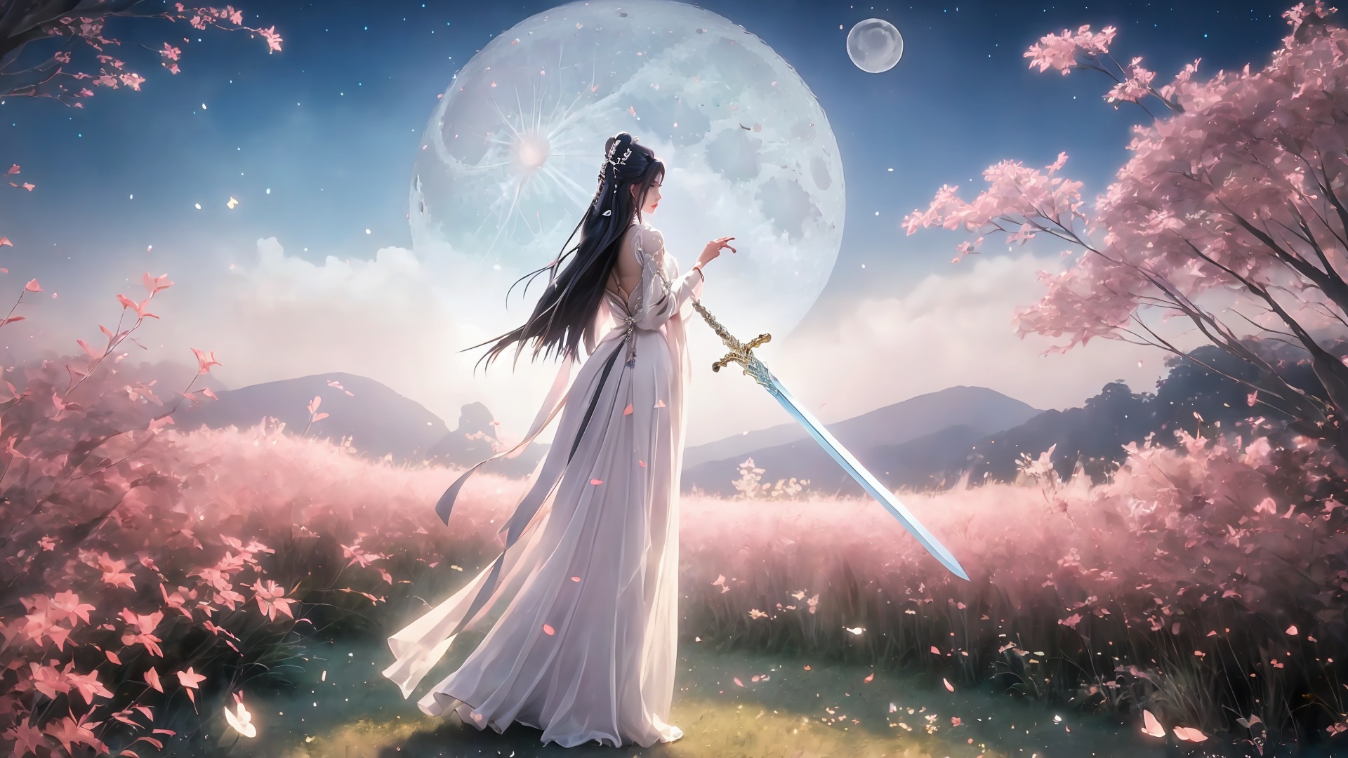 1girl,moon,weapon,sword,dress,long hair,solo,hair ornament,black hair,white dress,petals,night,water,full moon,grass,high heels,full body,back,<lora:girl solo luxueqi_20240911015355:0.8>,<lora:【面部细节优化】拒绝一眼Ai暖白美颜滤镜-冷白皮美颜去油腻_v1.0:0.5>,<lora:Moon_20240908003204:0.4>,<lora:swordsman_20230822184207:0.4>,