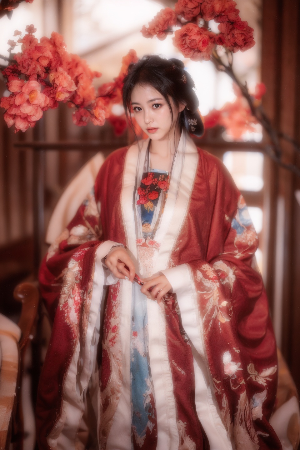 masterpiece,best quality,ultra high res,<lora:aw13xin_lora:1>,chinese clothes,hanfu,<lora:13honghanfu:1>,1girl,looking at viewer,gigantic_breasts,yosshi film,Watercolor painting,lily patterns,white and light pink colors,layered flower shapes,delicate leaves and branches,spacious composition,Eastern and Western fusion,artistic elegance,
