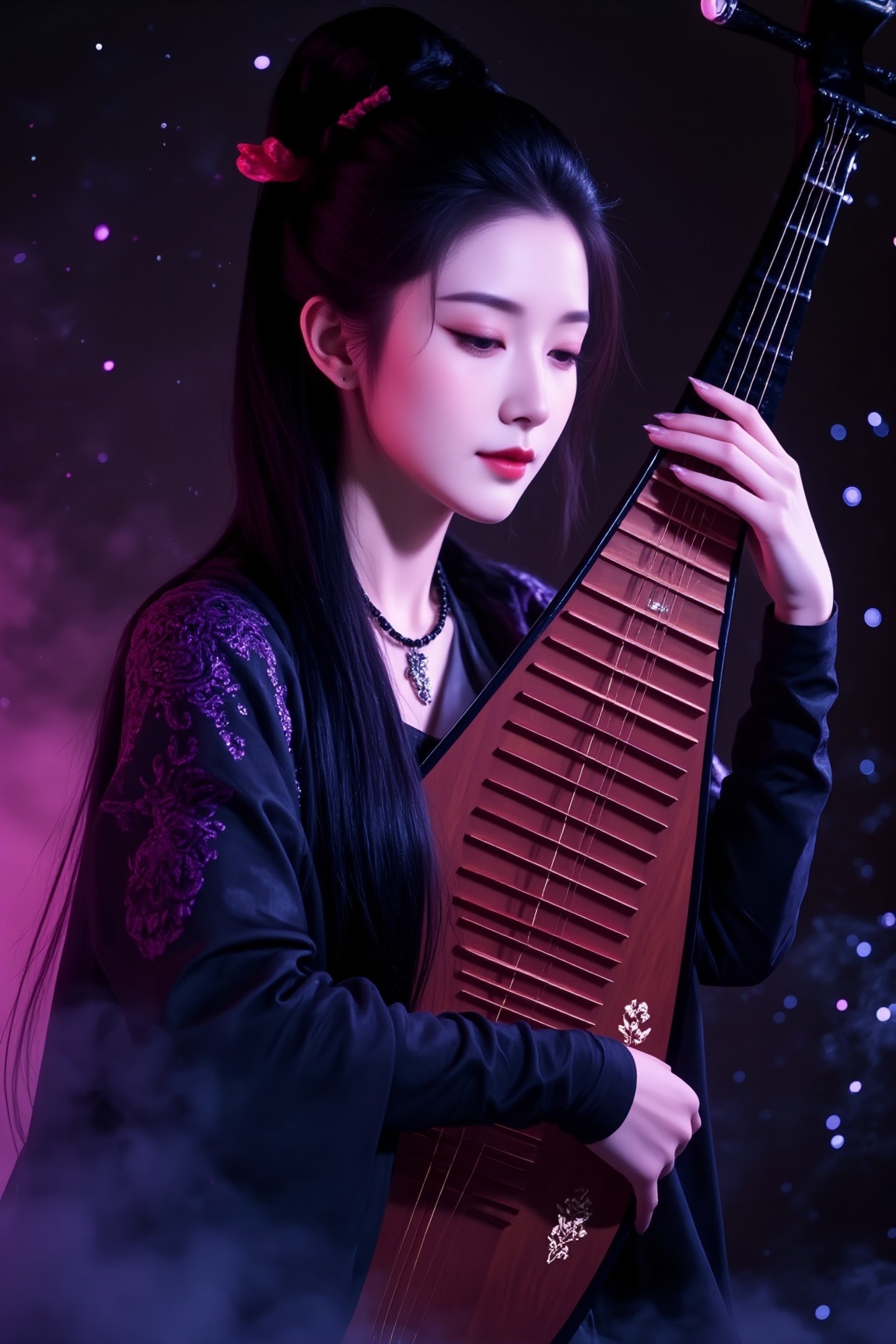 <lora:YY-拽姐F.1:1>,a young East Asian woman playing a traditional Chinese instrument,the guqin. She is a slender woman with a delicate,oval face,fair skin,and long,straight black hair adorned with a red hairpin. Her eyes are closed,and she has a serene,contemplative expression. She is dressed in a traditional,flowing black robe with intricate purple embroidery on the sleeves,which adds a touch of elegance and sophistication. The robe's fabric has a smooth,silky texture,and the sleeves are slightly puffed,giving it a regal appearance. She wears a simple black necklace with a small pendant,and her fingers are delicately touching the strings of the guqin,a wooden instrument with a soundboard and a bridge. The background is a dark,gradient of purples and blacks,with subtle sparkles and wisps of smoke or mist,creating a mystical and dreamlike atmosphere. The lighting is soft and diffused,with a slight glow around the instrument and the woman,enhancing the ethereal quality of the scene. The overall mood is one of tranquility and introspection,emphasizing the cultural and artistic heritage of the guqin.,