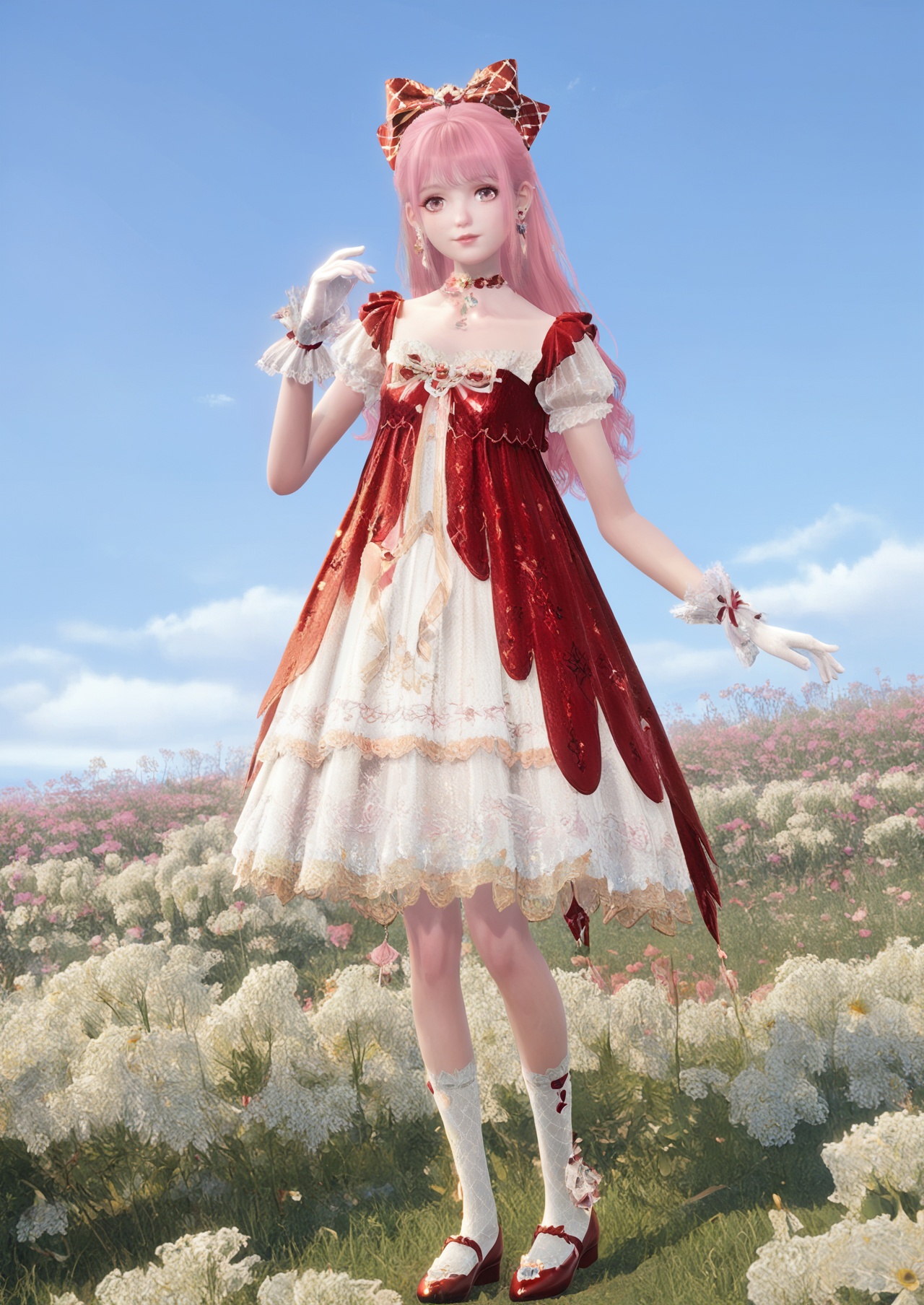 score_10,score_9,score_8_up,score_7_up,1girl,<lora:NikkiYFDYX_PonyV1-000005:0.6>,NikkiYFDYX,solo,gloves,dress,bow,jewelry,standing,earrings,shoes,choker,socks,pink hair,white gloves,long hair,hair bow,red footwear,in summer,day,nature,flower field,outdoors,sky,Cirrocumulus,looking at viewer,