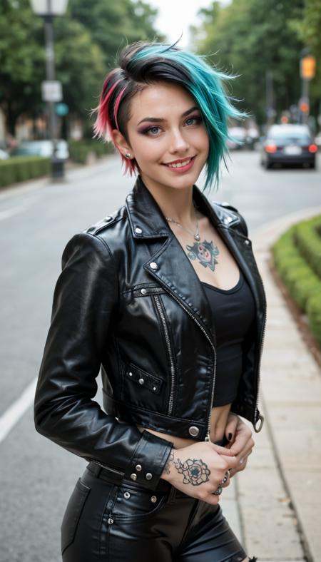 score_9_up, score_8_up, score_7_up, Raw Photo, Portrait, girl, punk, cute, seductive, innocent, light smile:0.3, plump lips, slender body, very short hair, multicolored hair, in high detailed textured black leather jacket, piercing, small tattoo, most iconic photo, London night background, depth of field, dynamic angle, photo realistic:1.4, realistic skin:1.4, fashion photography, sharp, analog film grain, hyperdetailed:1.15
