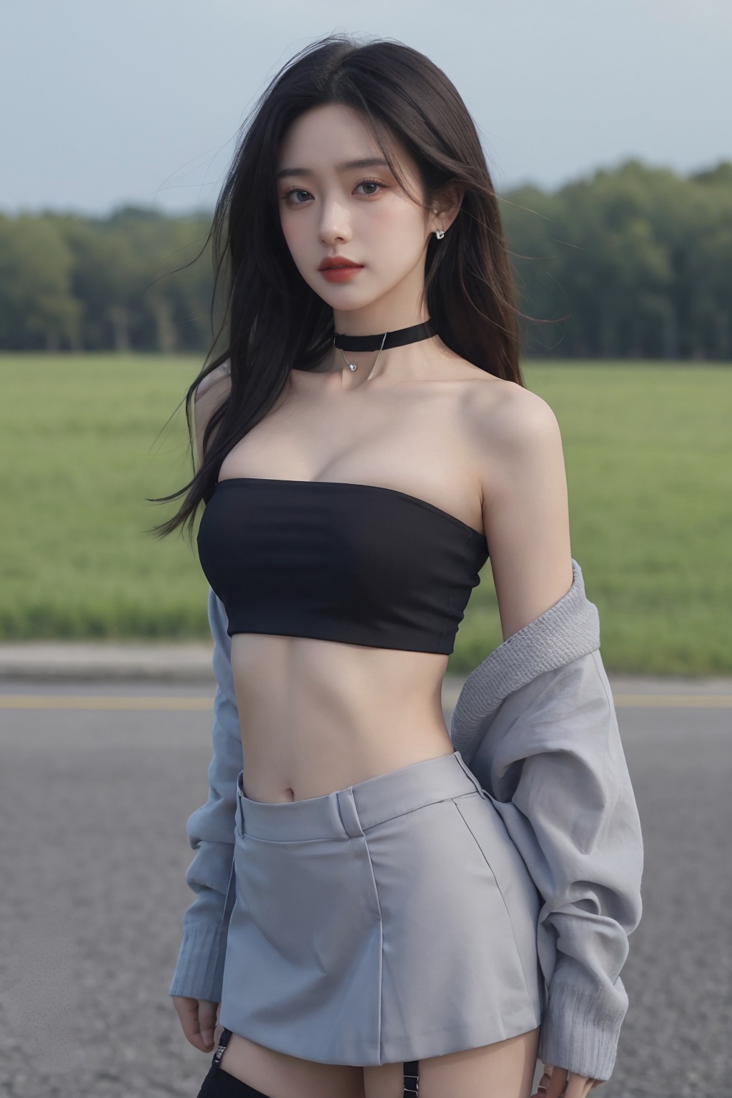 1girl, bandeau, bare shoulders, black choker, blue sky, breasts, choker, cleavage, collarbone, cowboy shot, crop top, day, facial mark, forehead mark, garter straps, grey eyes, jewelry, lips, long hair, looking at viewer, medium breasts, midriff, miniskirt, navel, off shoulder, outdoors, skirt, sky, solo, standing, stomach, thighhighs