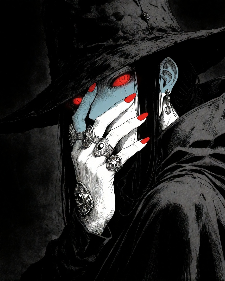 Striking black and white manga style,  a dark,  atmospheric portrait featuring a mysterious figure. The subject is wearing...