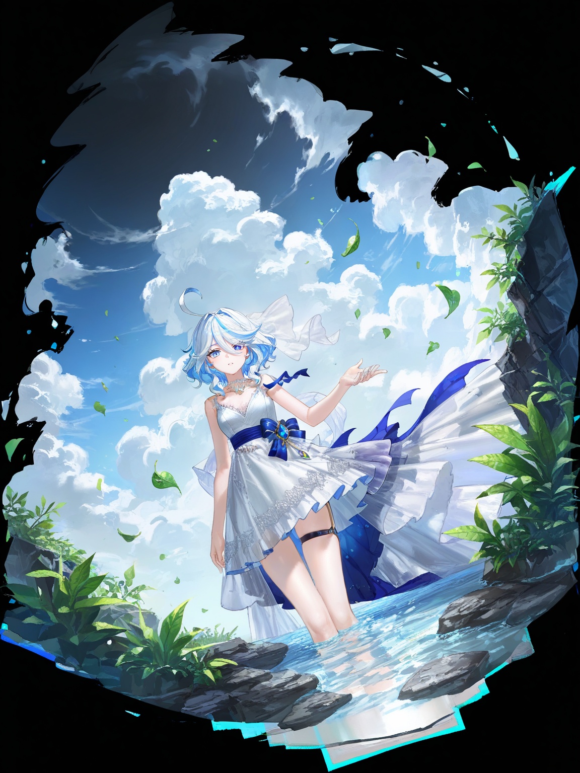 FURINA\(genshin impact\),blue eyes,ahoge,blue hair,heterochromia,bangs,hair between eyes,multicolored hair,white hair,light blue hair,medium hair,looking_at_viewer,<lora:碧蓝航线立绘12·ILL:0.8>,lihui,transparent_background,black_background,(cowboy_shot:1.3),1girl,solo,dress,day,leaf,water,wind,cloud,(quasarcake:0.7),(dutch angle:1.1),from_below,wedding_dress,