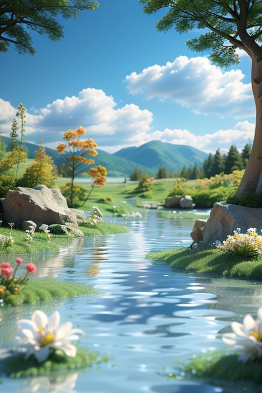 CDCJ,3D,product photography,still life,flower,outdoors,sky,day,cloud,water,tree,blue sky,no humans,white flower,nature,scenery,reflection,rock,mountain,field,river,lake,