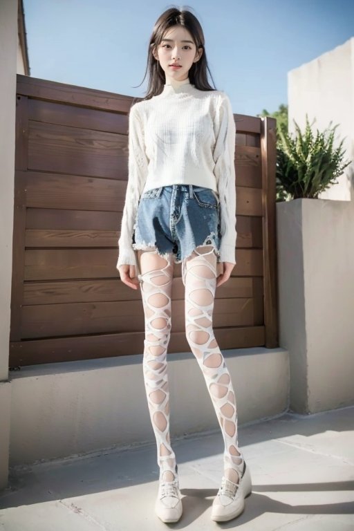 1girl,ultra-detailed,8k resolution,(photorealistic:1.5),RAW,perfect finger,good hand,(full body shot:1.2),flush,delicate skin,best quality,HDR,Vivid Colors,solo,photo,cute and girl,(looking at viewer:1.1),Elegant,(stand:1.1),powa,<lora:lora:0.4>,<lora:powa_v1.0-000006:0.8>,(outdoors:1.2),powa,(ultra short denim shorts:1.1),(long leg:1.1),the whole body,