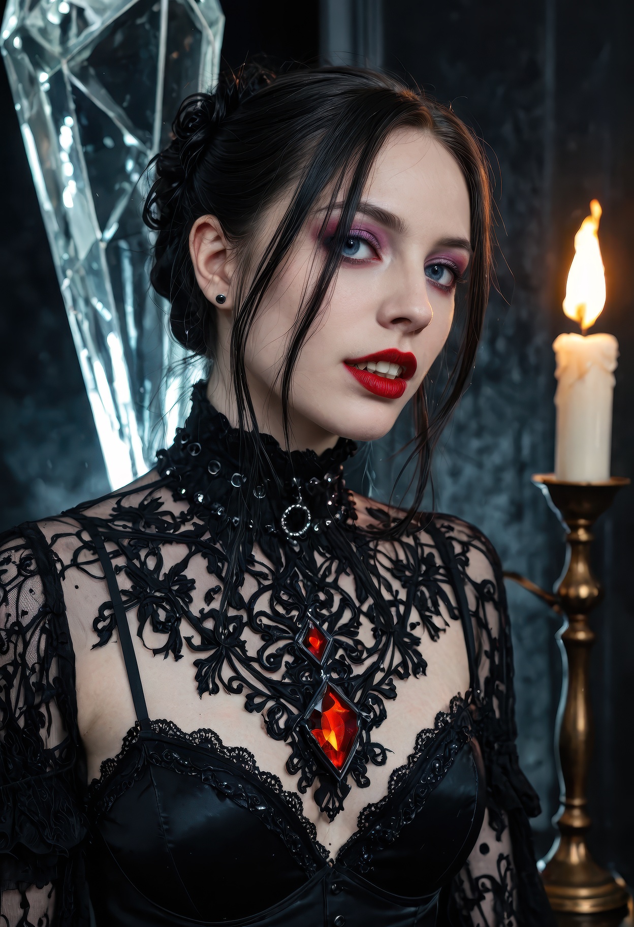 close-up portrait of an aristocratic female vampire transformed into living red obsidian crystal. His pale,  translucent q...
