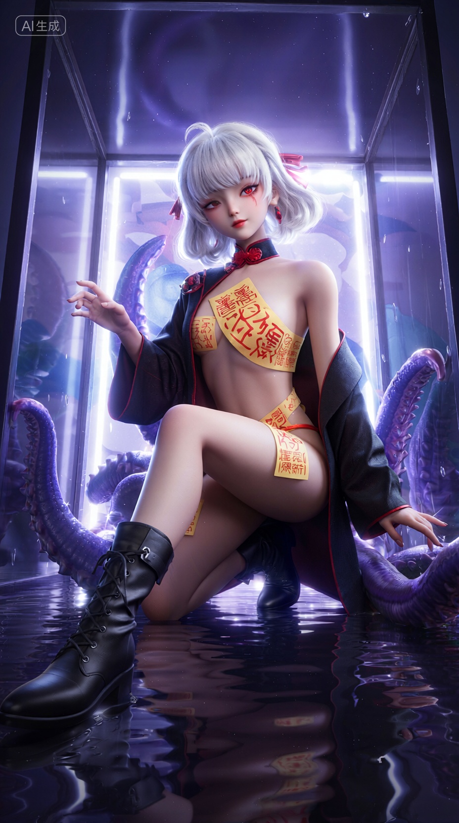 商业3D海报,一个身穿中式可爱僵尸服饰的白发可爱少女,蹲在一个充满深紫色水的发光玻璃盒子中,少女敞开宽大的黑色外袍,里面没有穿任何衣服,她的皮肤光滑细腻,一只眼睛发出红色的光芒,身上贴着几张写有红色文字的黄色符咒,黄色符咒遮贴在胸上和下体上,符咒刚好覆住在身上,符咒就是其内里的衣服,低角度仰视构图突出了前景的官靴,从背后的盒子里伸出许多紫色的巨大触手缠绕着她的腿和手,水面清晰地反射出人物和环境,整体氛围清冷空灵,由场景中的发光灯带提供柔和均匀的全局光照,商业3D海报,magical_girl,产品渲染,低角度构图,二次元3D渲染,全局光照,超现实场景,反光水面,, Negative prompt: ng_deepnegative_v1_75t,(badhandv4:1.2),EasyNegative,(worst quality:2),,nsfw, Steps: 40, Sampler: Euler, CFG scale: 1.0, Seed: 3039288553, Size: 928x1664, Model hash: 98763a1277, Model: Qwen-Image_1.0.safetensors, Denoising strength: 0, RNG: CPU, Lora 1: 【摸鱼】3D, Lora Hash 1: 2106c5bf96, Lora Weight 1: 0.8, Lora 2: 【摸鱼】创意电商场景_电商产品场景, Lora Hash 2: 8df046f041, Lora Weight 2: 0.4, Lora 3: Qwen-Image-Lightning-8steps-V1.1-bf16.safetensors, Lora Hash 3: fe04c3ec1d, Lora Weight 3: 0.6, vae_name: automatic