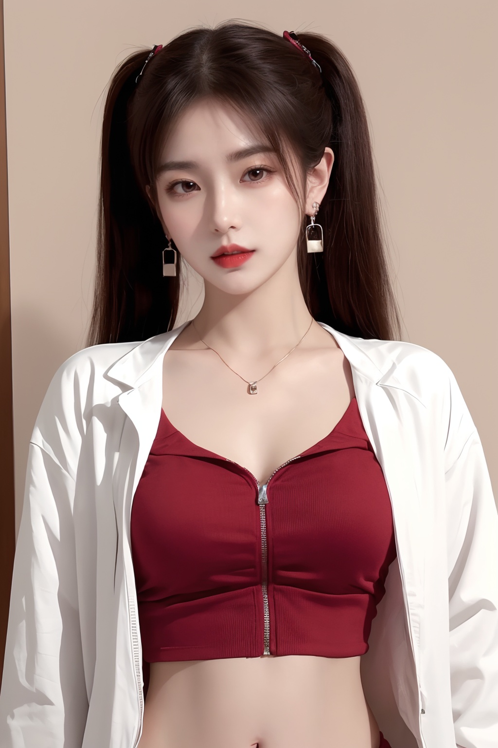 1girl, breasts, cleavage, crop top, earrings, jacket, jewelry, lips, long hair, looking at viewer, medium breasts, midriff, navel, necklace, realistic, red lips, solo, twintails, white jacket  <lora:美女1.0:1>