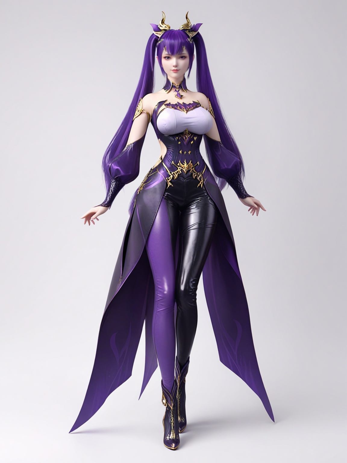 score_9,<lora:SF_ZiYan_Da_Pony_Realism2.3-000003:0.7>,1girl,solo,dress,bangs,purple hair,twintails,leather pants,large breasts,multicolored pants,full body,detached sleeves,hair ornament,standing,looking at viewer,white background,