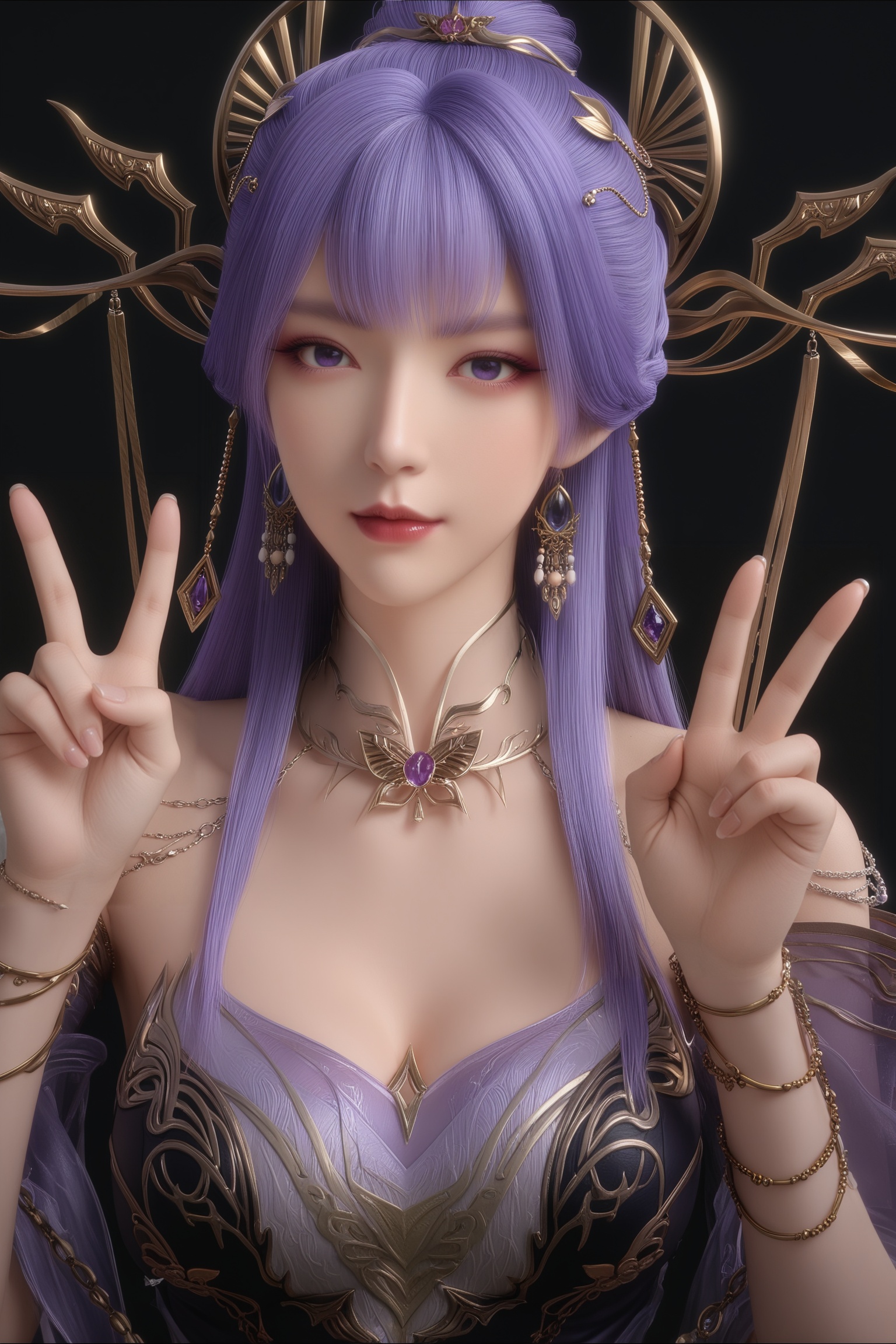 masterpiece,best quality,absurdres,highres,1girl,solo,<lora:新-天穹-ill-000009:0.82>,upper body,tianqiong,BREAKpurple and black,long hair,purple hair,jewelry,ornate hair ornament,golden headpiece,long dangling earrings,antler-like crown,tassel headdress,collarbone,choker,shoulder chains,arm chain,cleavage,sheer overlay,corset top,double v,BREAK(white_skin:1.1),(fair_skin:1.1),realistic,simple background,black background,