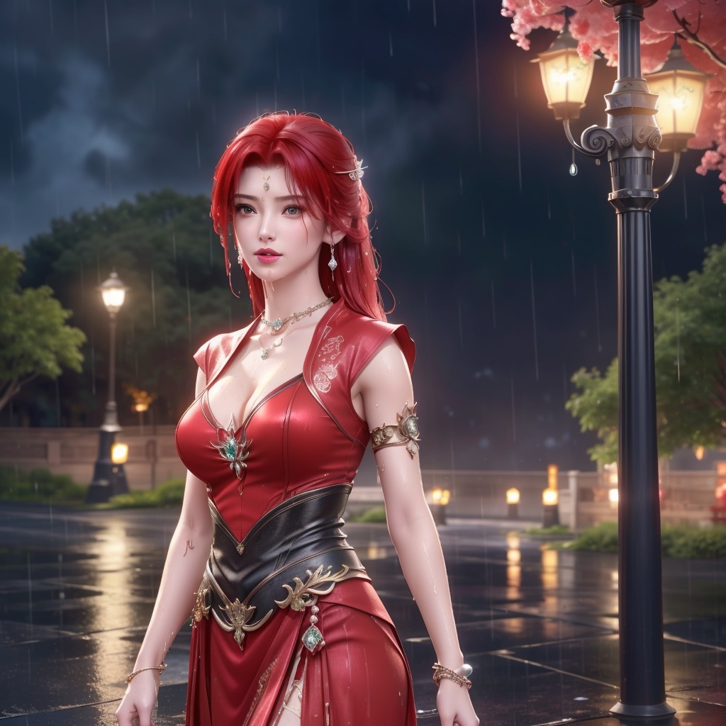 <lora:斗破苍穹-唐火儿:0.8>,red hair,   (,1girl, ,best quality, ),looking at viewer, ,ultra detailed 8k cg, ultra detailed background,  ultra realistic 8k cg,          cinematic lighting, cinematic bloom, (( , )),,  , unreal, science fiction,  luxury, jewelry, diamond, pearl, gem, sapphire, ruby, emerald, intricate detail, delicate pattern, charming, alluring, seductive, erotic, enchanting, hair ornament, necklace, earrings, bracelet, armlet,halo,masterpiece, (( , )),,  ,cherry blossoms,(((, night,night sky,lamppost,  ultra high res, (photorealistic:1.4), raw photo, 1girl, , rain, sweat, ,wet, )))(( , ))   (cleavage), (),