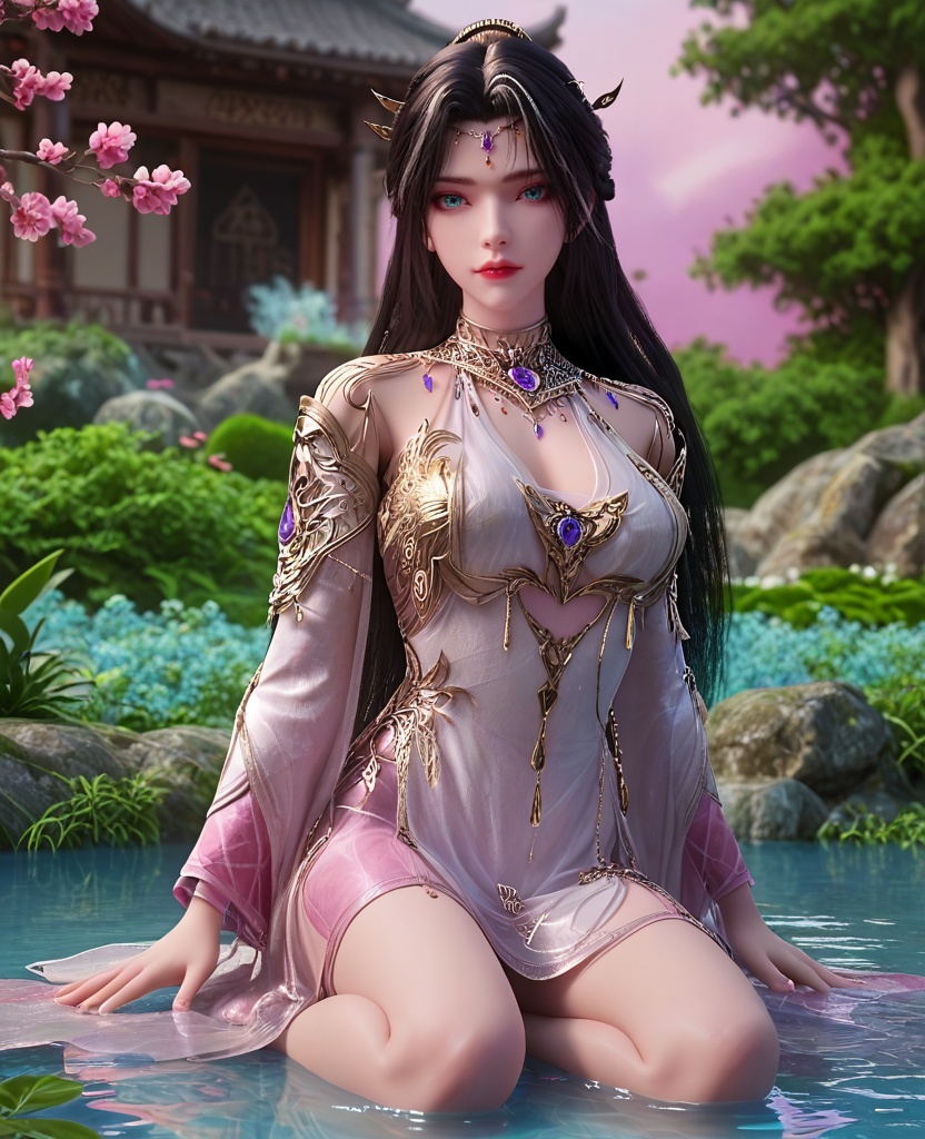 (oriental architecture, elegant decor, sophisticated style:1.1),kneeling, one knee,(breasts:1.2),<lora:XL16完美世界魔女真身:0.95>,miss monv,solo,white dress,aqua eyes,black hair,hair with white highlights,long hair,hair ornament,metal collar,gem,jewelry,gambeson,pink cuffs,see-through underskirt,, zPDXL2, score_9, score_8_up, score_7_up BREAK realistic, masterpiece,best quality, highly detailed,