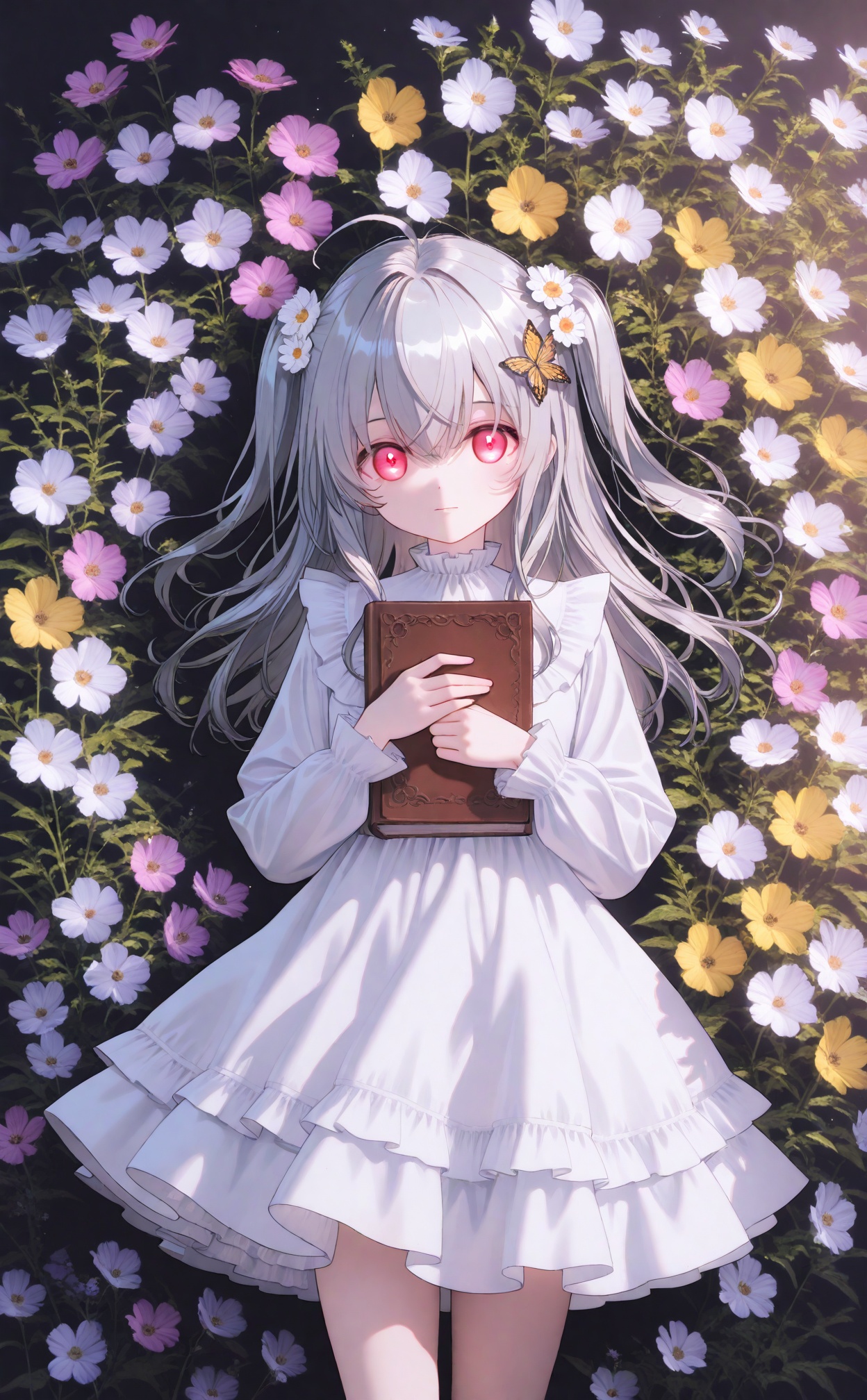 1girl, solo, long hair, looking at viewer, bangs, hair ornament, red eyes, long sleeves, dress, hair between eyes, flower, ahoge, grey hair, frills, hair flower, pink eyes, white dress, two side up, book, bug, white flower, butterfly, pink flower, blue flower, yellow flower, purple flower<lora:Lifel-000030:1>