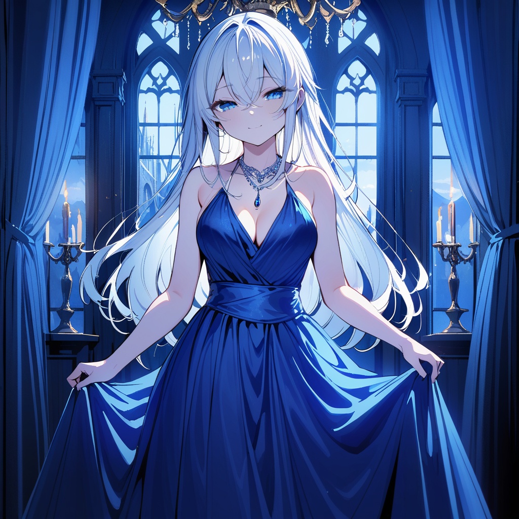 Noyu,line art,line style,1girl,solo,blue eyes,white hair,long hair,hair between eyes,cleavage,medium breasts,silver halter dress,necklace.halterneck,evening gown,cowboy shot,light smile,half-closed eyes,looking at viewer,skirt_hold,gothic architecture,Industrial wind,window_,sash,curtains,indoor,castle,chandelier,candlestand,masterpiece,bestquality,onnk