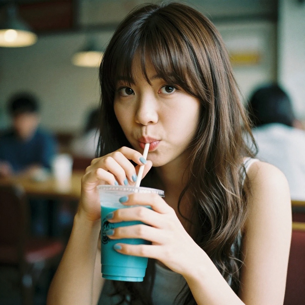 analog film photo of cinematic style,  Kodak Portra 400 analog film stocks of a woman drinking a drink from a blue cup,  d...