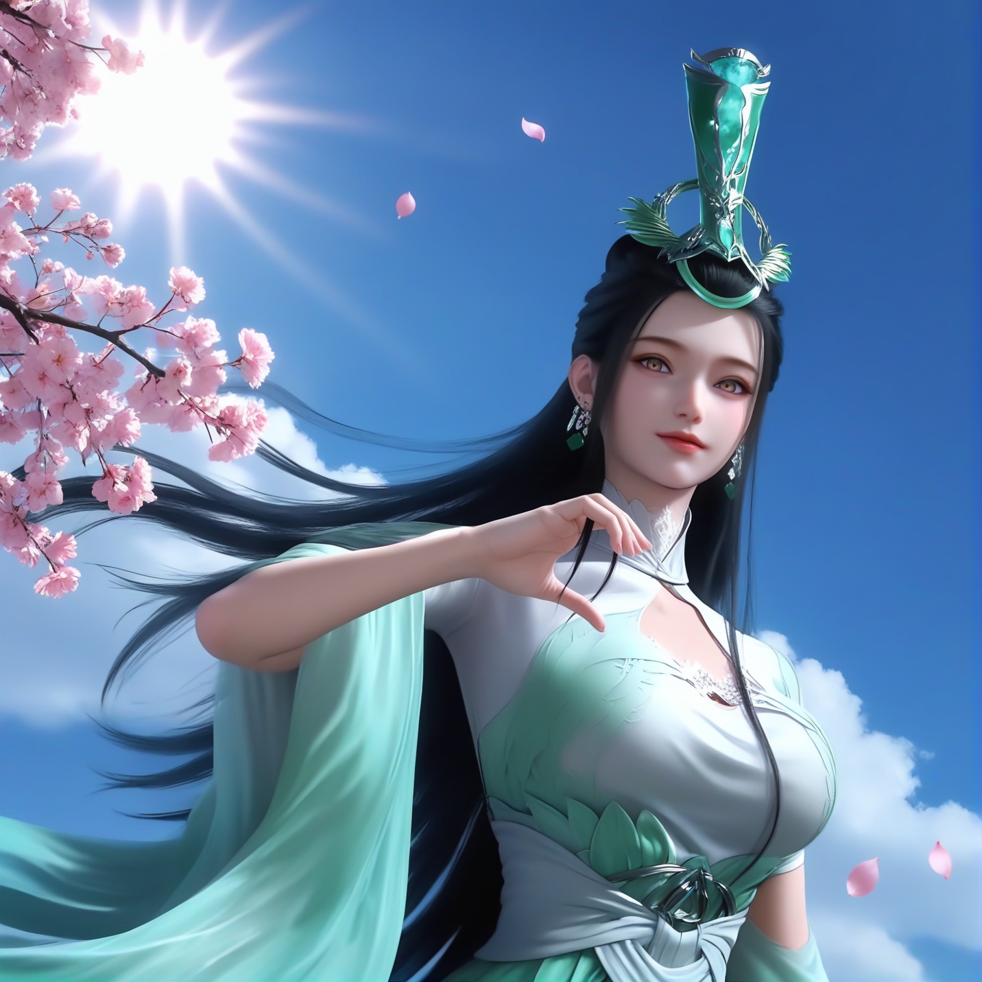 (score_9),collarbone,(glamor:1.1),narrow waist,<lora:陆嫁嫁pony-v2:0.82>,long hair,black hair,jade headdress,crystal earrings,headdress,light blush,light smile,green dress,high collar,white lace choker,clothing cutout,chest cutout,low hair bun,waist sash,amber eyes,heart hands,(single _glowing eyes),looking at viewer,front view,upper body,BREAKtwig,branch,falling petals,sunlight,sun,day,masterpiece,best quality,absurdres,highres,hd,