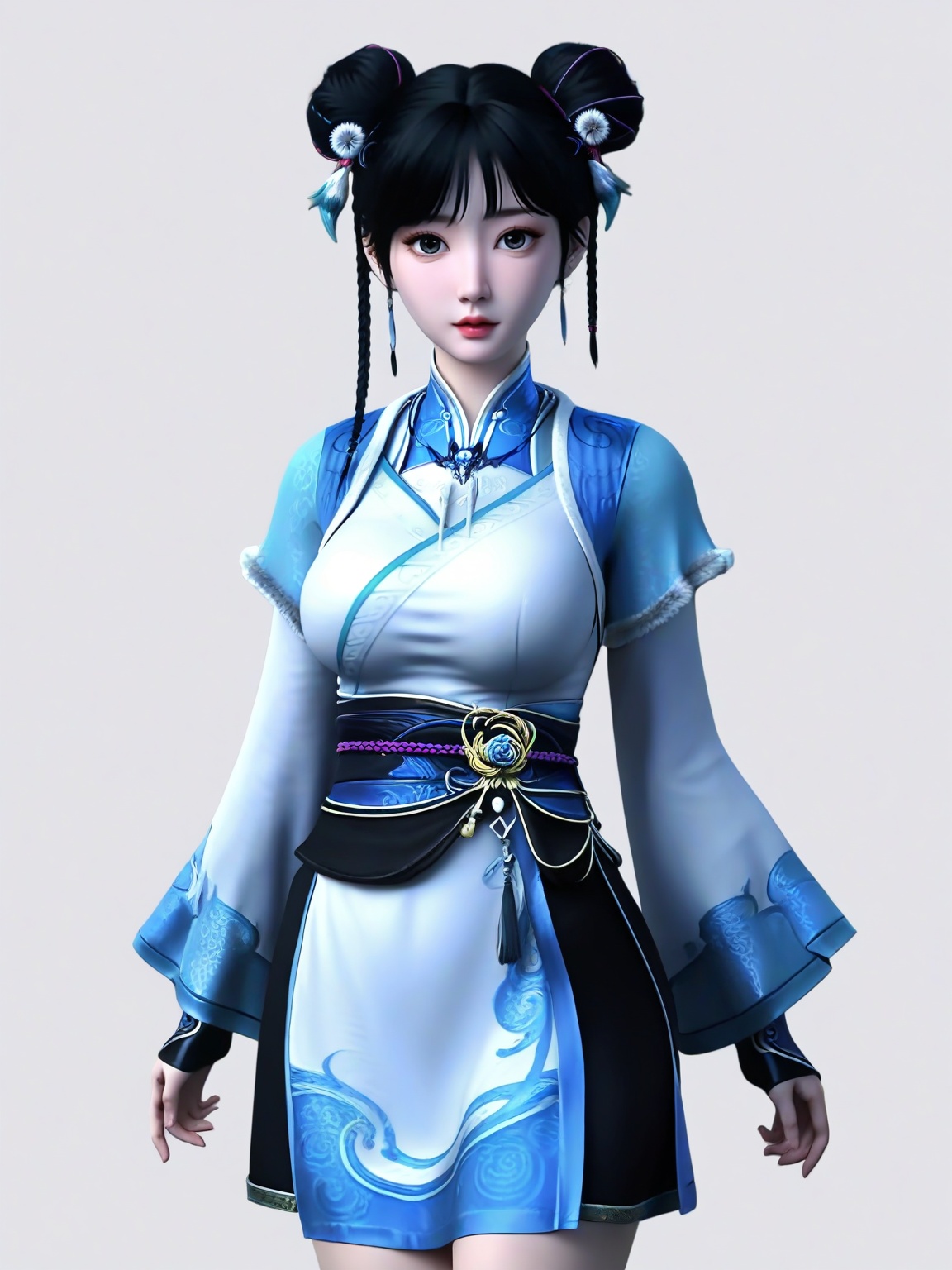 score_9,1girl,solo,double bun,bangs,black hair,dress,chinese clothes,standing, layered sleeves,eyelashes,braid,breasts,large breasts,lipstick,cowboy shot, looking at viewer,white background,simple background,<lora:SF_NingXiaoLing_Pony_Realism2.3-000004:0.7>,