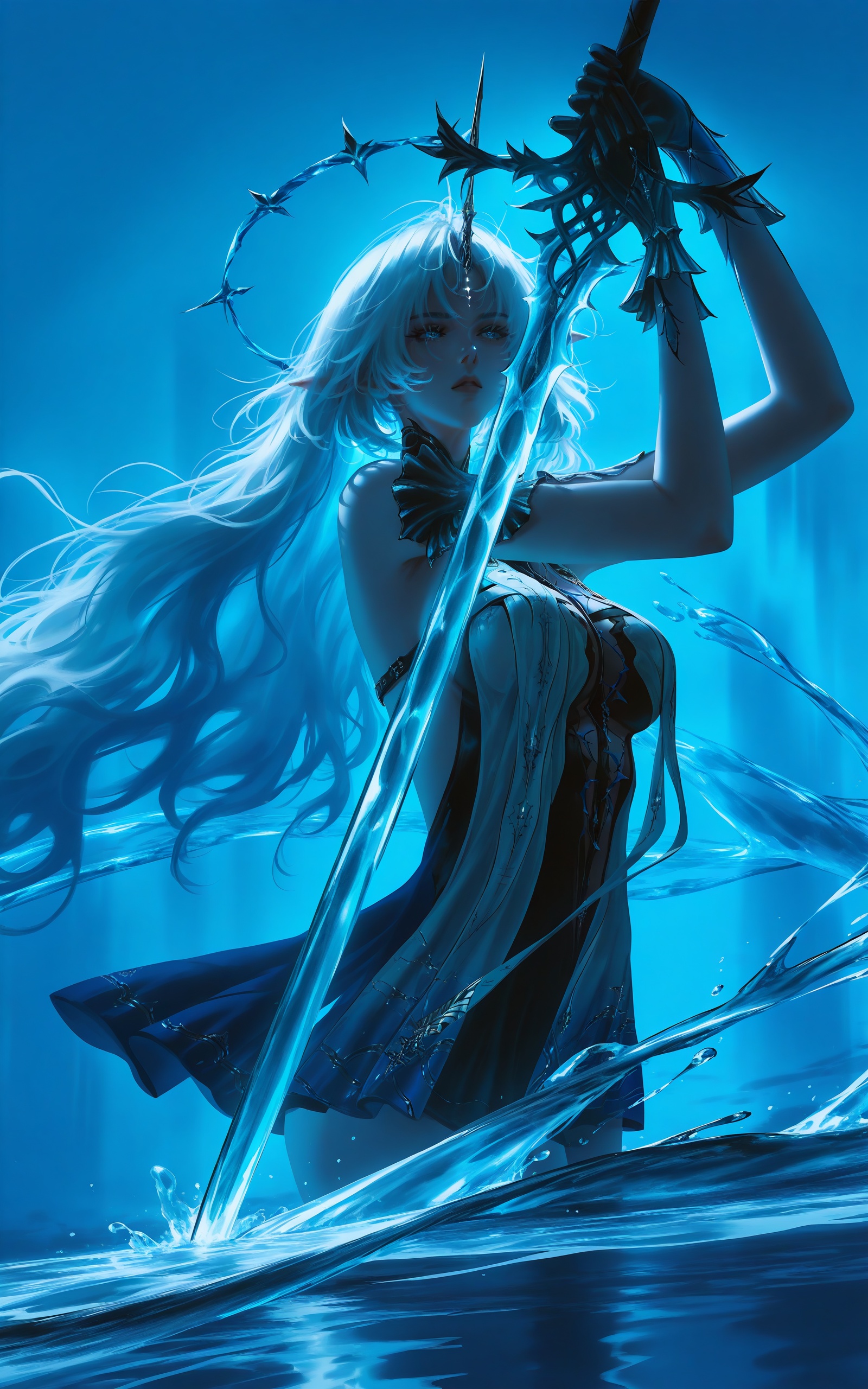 fleurdelys\(wuthering waves\),1girl,solo,weapon,holding,sword,holding weapon,long hair,holding sword,water,blue theme,gloves,blue eyes,white hair,black gloves,<lora:xl-ill_fleurdelys(wuthering waves)-v1-000010:0.8>,<lora:xl-ill-Thick Paint-v2-000020:0.6>,(wlop:0.2),(nixeu:0.4),Thick Paint,