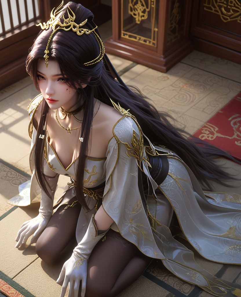 (oriental architecture, elegant decor, sophisticated style:1.1),(Elbows on knees, head resting on her hands,:1.1),From a high-angle vantage point,looking downwards,(large breasts:1.2),<lora:XL16云深不知梦羲和白色战斗服:0.95>,miss xihe,silvery white tiered dress,shawl,yellow eyes,facial mark,black hair,absurdly long hair,traditional chinese updo with long front strands,hair ornament,jewelry,sash,gloves,tights with attached boots,, score_9,score_8_up,score_7_up,score_6_up,score_5_up,score_4_up,3d rendering,tag1,tag2, Cinematic Lighting,backlighting,