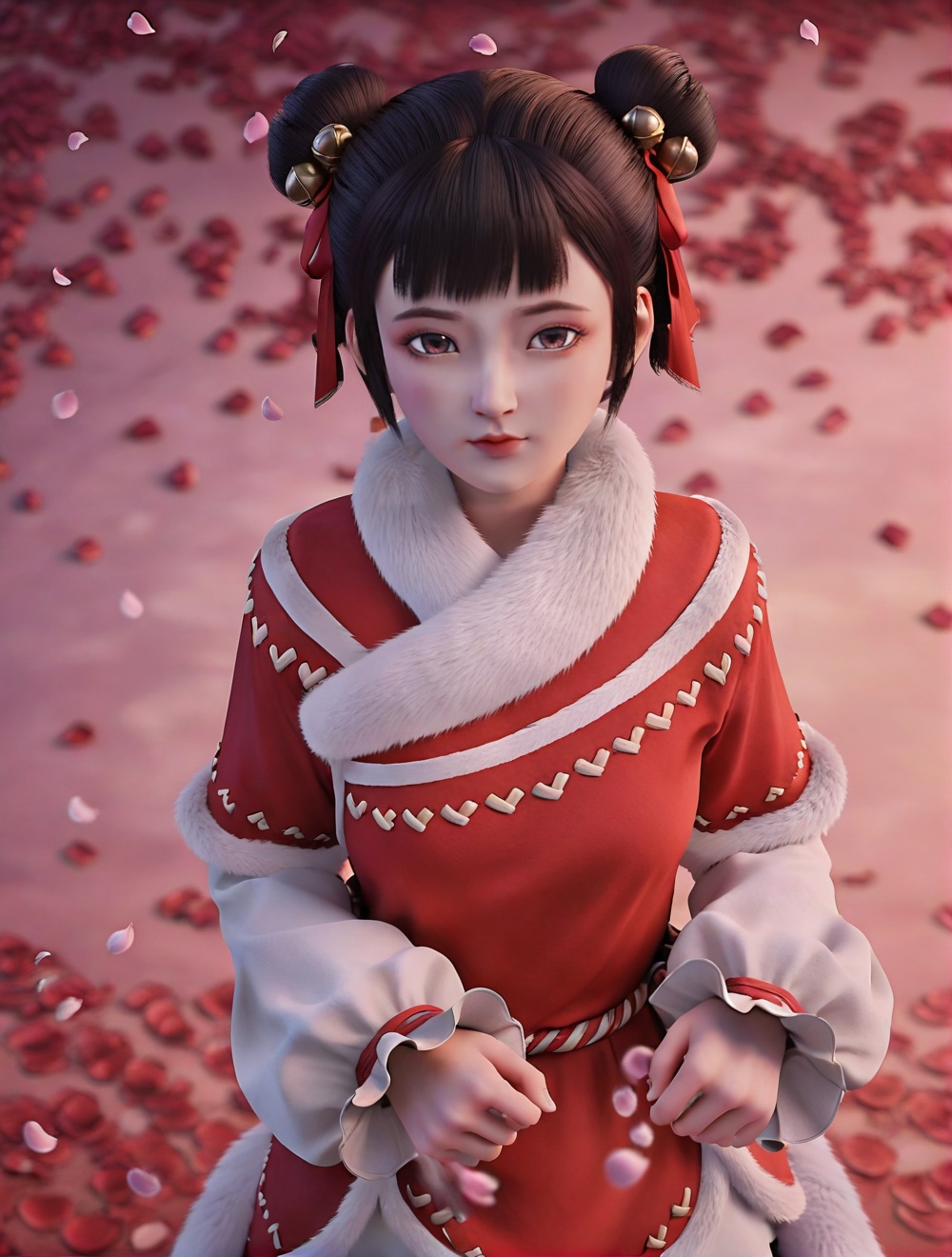 fair_skin,white_skin,Ivory_skin,score_9,<lora:SF_XiaoBaoPing_Pony_Realism-000004:0.72>,red dress,hair ornament,black hair,bangs,double bun,fur trim,bell,1girl,breasts,standing,puffy sleeves,petals,solo,falling petals,looking at viewer,simple background,cowboy_shot,arms at sides,