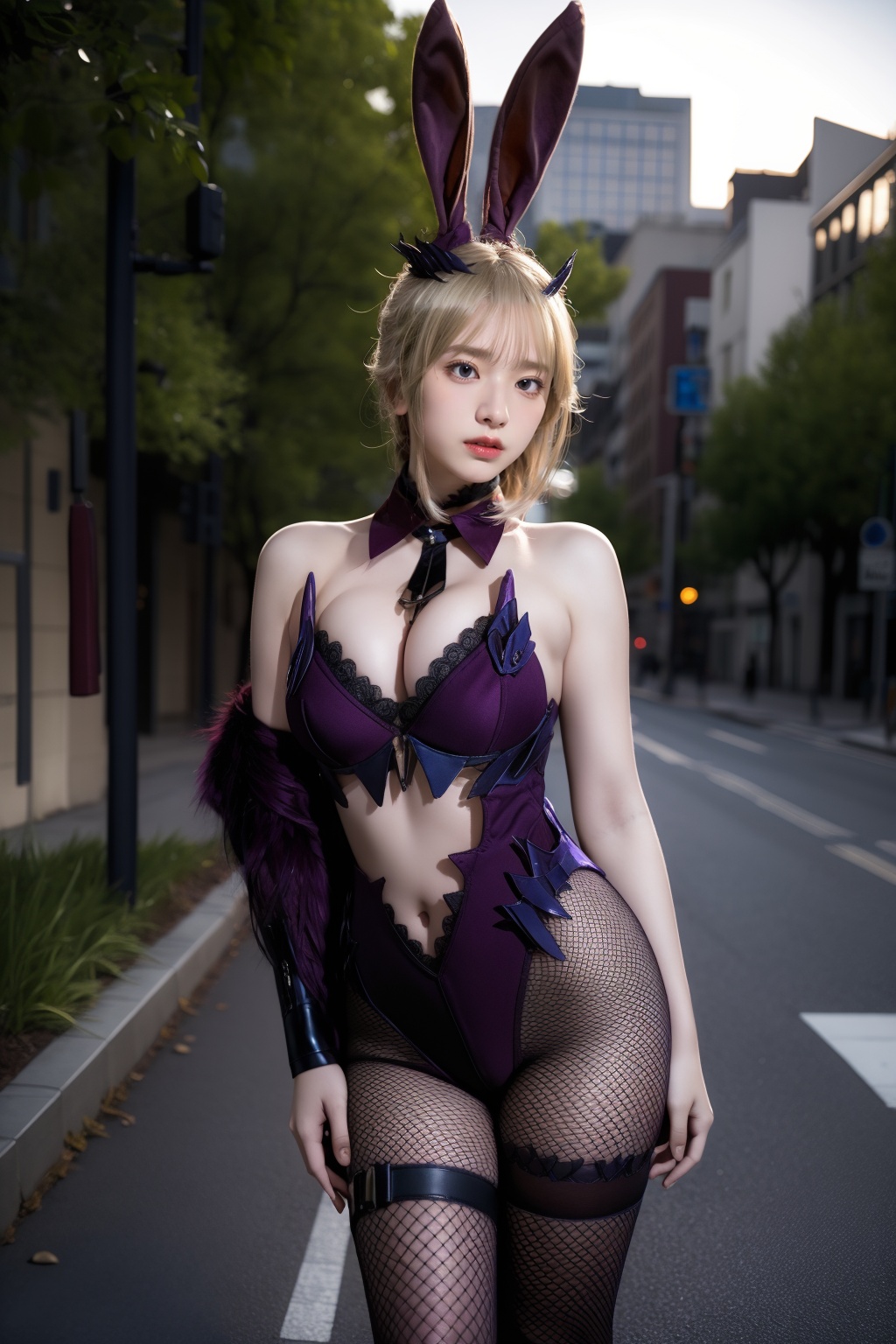 <lora:GoodHands-手beta2:1>,solo,1girl,cityscape,standing,outdoors,<lora:0418 FGO_v1:0.9>,ruanyi0418,fishnets,feathers,thigh strap,rabbit ears,cowboy shot,, best quality,masterpiece,highres,official art,extremely detailed cg unity 8k wallpaper