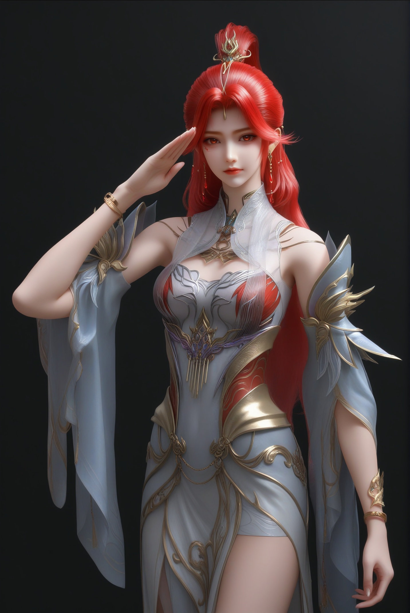 masterpiece,best quality,absurdres,highres,1girl,solo,<lora:火允儿-ill-000009:0.85>,huoyuner,red hair,long hair,high ponytail,makeup,jewelry,hair ornament,dangling earrings,red gemstone,forehead decoration,BREAKcollarbone,sheer overlay,bare shoulders,sheer collar,high collar,detached sleeves,fantasy dress,long skirt,bracelet,high slit skirt,looking at viewer,front view,standing,(salute:1.1),BREAKsimple background,black background,