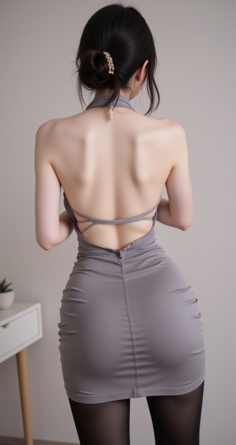 <lora:背影杀4:1>,beiyingsha,1girl,solo,from behind,thighhighs,ass,back,indoors,facing away,black hair,black thighhighs,skirt,bare shoulders,grey dress,dress,single hair bun,hair bun,grey skirt,median furrow,standing,backless outfit,cowboy shot,17,cover,simple background,gradient background,close-up details,outstanding style,adding a touch of dimension to your images without compromising details,close-up,<lora:DJ滤镜_2.5D版:0.3>,lvjing,
