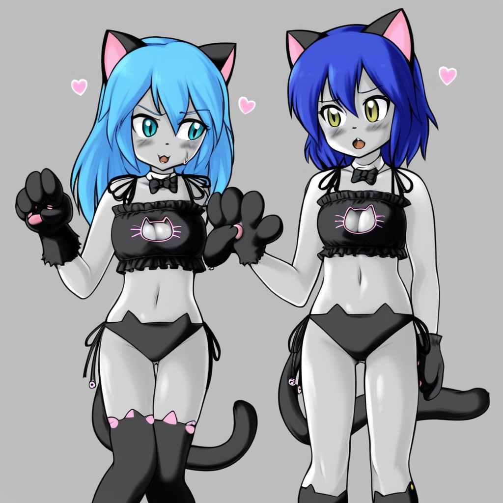 cat lingerie,  black bowtie,  blue hair on Tensor.Art