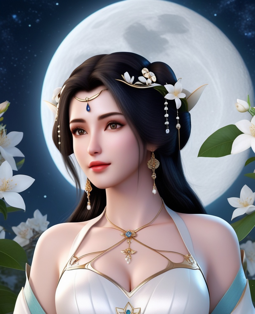 <lora:604-DA-XL-星辰变-姜立V2-新衣:0.8>(,1girl, ,best quality, ),looking at viewer,  ,,ultra detailed background,ultra detailed background,ultra realistic 8k cg, ,masterpiece, (( , )),, realistic,science fiction,mole, ultra realistic 8k cg, ,     ,crescent moon, jasmine \(flower\),     (cleavage), (),