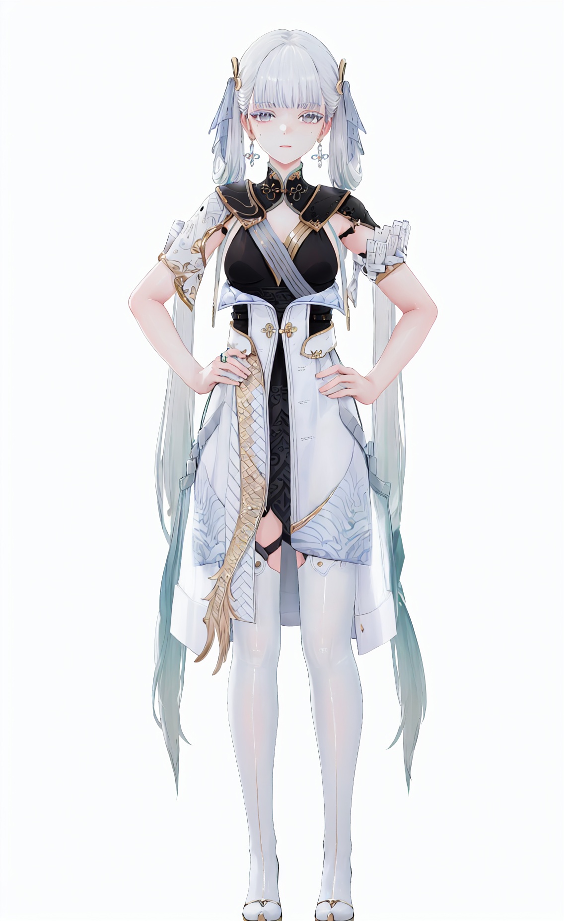 score_9, score_8_up, score_7_up, 8k, best quality, masterpiece, (ultra-detailed), (high detailed skin), (white background:1.6), (full body:1.2), (white background), standing, looking at viewer, (solo:1.2), hands on hips, <lora:Jinxi-v100-000019:0.8>, Jinxi, Jinxi's def clothes, 1girl, jewelry, dress, long hair, white hair, mole under eye, (beautiful_face), ((intricate_detail)), clear face, ((finely_detailed)), fine_fabric_emphasis, ((glossy)), full_shot, 