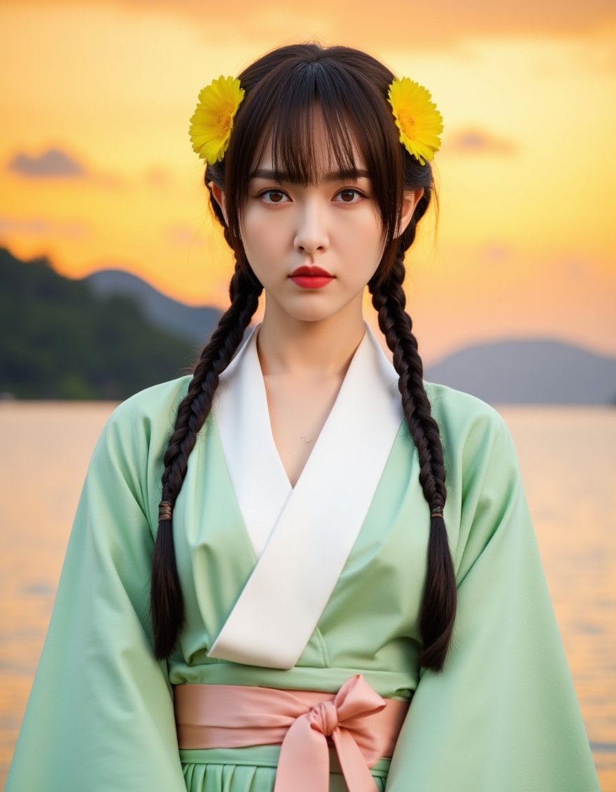 a young Asian woman,dressed in a traditional kimono,stands in front of a body of water. Her hair is styled in two braids,adorned with two yellow flowers on each side of her head. The woman's dress is adorned with a light green kimonos,a white blouse,and a light pink ribbon tied around her waist. Her eyes are a piercing blue,and her lips are a deep red. The backdrop is a serene lake,with trees and mountains in the distance. The sky is a vibrant orange,with a few wispy clouds,adding a touch of color to the scene.,