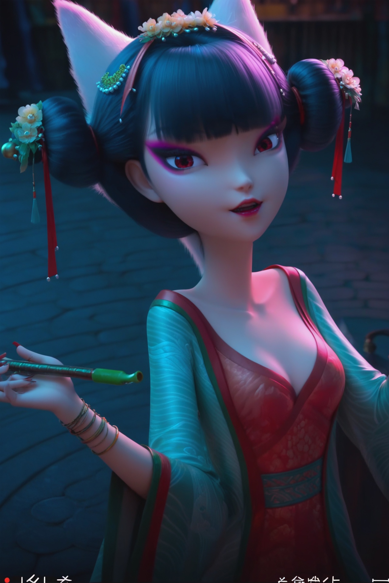 fangzhu,<lora:fangzhuXL:0.8>,score_9,score_8_up,source_anime,score_7_up,Dark light,dark scene,highly detailed,ultra-high resolution,32K UHD,sharp focus,best-quality,masterpiece,golden hour,unconventional supreme masterpiece,masterful details,temperate atmosphere,with a high-end texture,in the style of fashion photography,Dynamic Angle,(Dynamic posture:1.1),1girl,solo,medium breasts,looking at viewer,animal ears,hair bun,black hair,smoking pipe,hair ornament,holding,cat ears,makeup,red eyes,nail polish,double bun,jewelry,bangs,holding smoking pipe,flower,red nails,hair flower,blunt bangs,red lips,chinese clothes,eyeshadow,wide sleeves,parted lips,bracelet,dress,